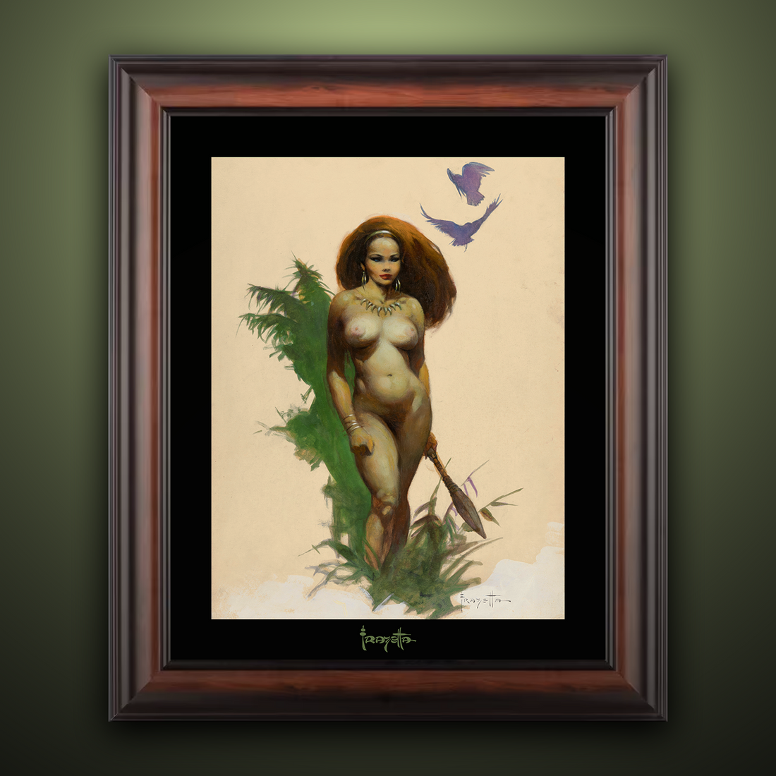 Framed Gallery Series print of &quot;Jungle Woman&quot; by Frank Frazetta, highlighting vivid colors and dynamic artwork with a deep black 1.5&quot; matting
