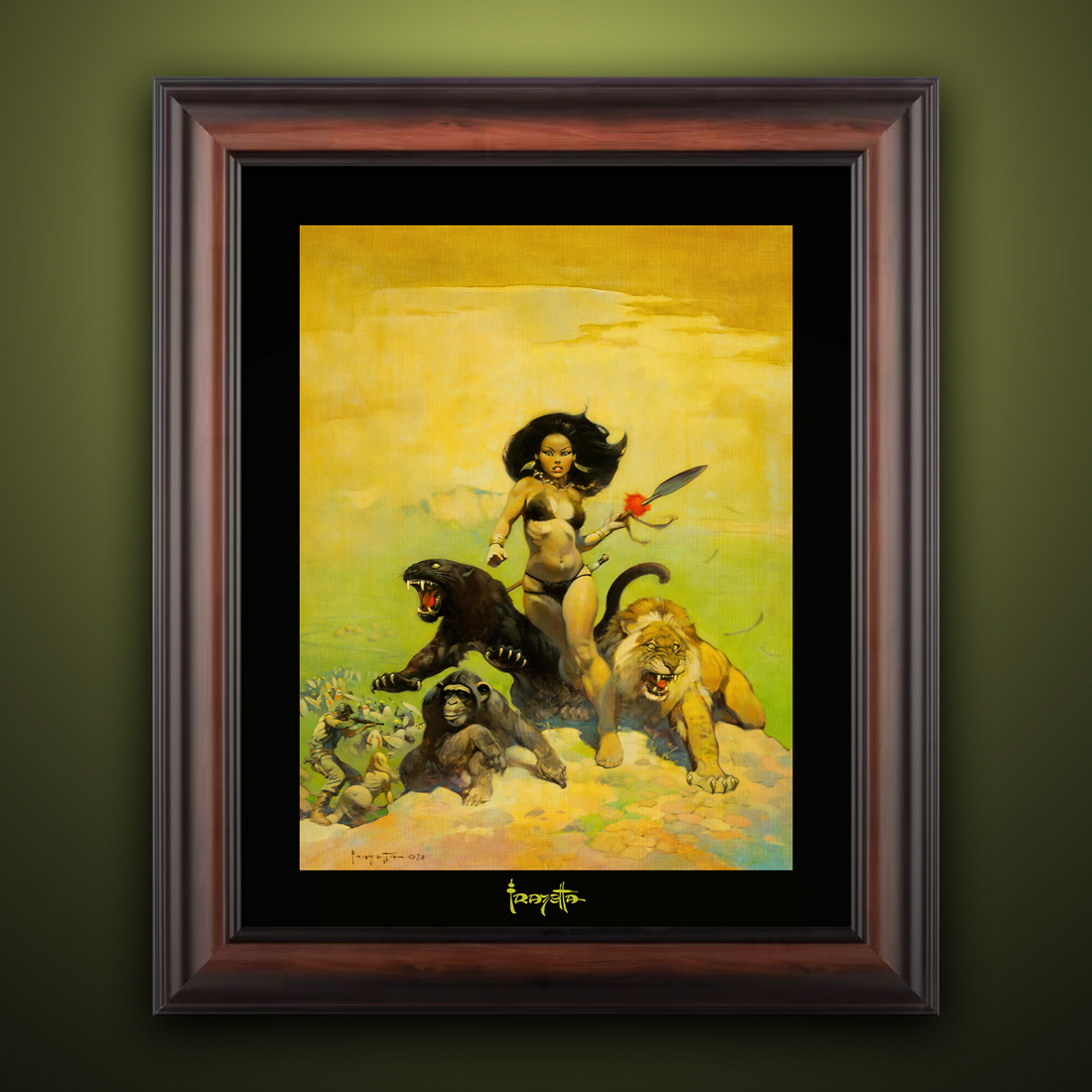 Framed Gallery Series print of &quot;Luana&quot; by Frank Frazetta, highlighting vivid colors and dynamic artwork with a deep black 1.5&quot; matting