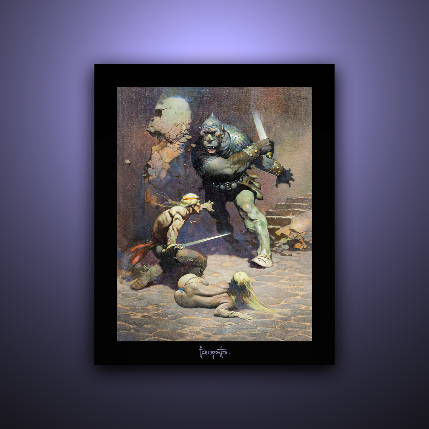 Unframed Gallery Series print of &quot;Moon Men&quot; by Frank Frazetta, highlighting vivid colors and dynamic artwork with a deep black 1.5&quot; matting.