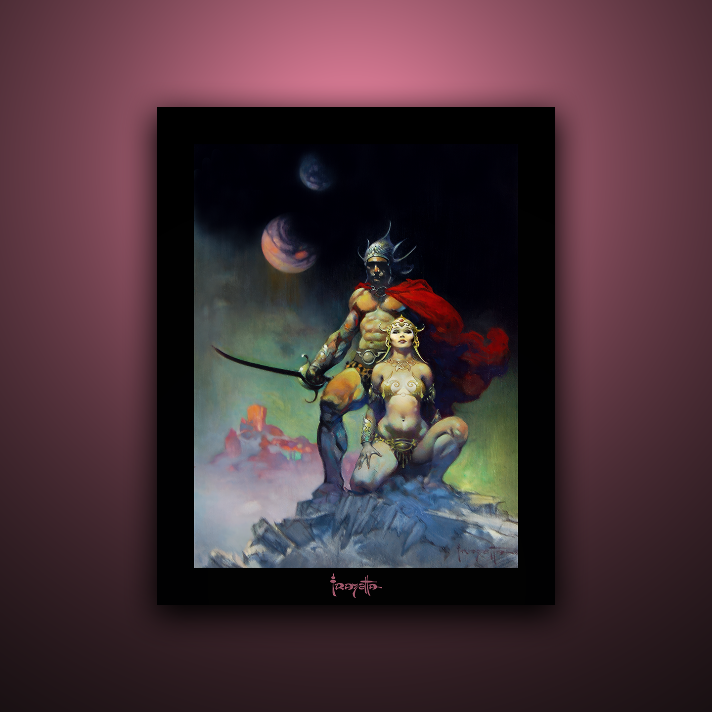 Unframed Gallery Series print of "Swordsman of Mars" by Frank Frazetta, highlighting vivid colors and dynamic artwork with a deep black 1.5" matting.