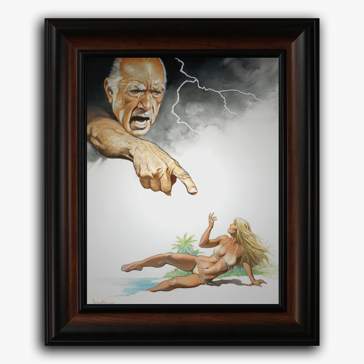 Framed fine art print of Frank Frazetta’s Ghosts Can’t Do It, featuring a dramatic scene with a thunderous sky, an elderly, spectral figure pointing downward at a nude woman sprawled on the ground in fear or despair, evoking judgment and supernatural tension.