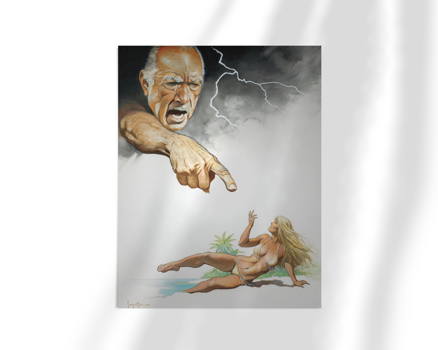 Unframed fine art print of Ghosts Can’t Do It by Frank Frazetta. A powerful ghostly figure looms from storm clouds, finger outstretched toward a vulnerable woman below, highlighting themes of control, fear, and the unseen.