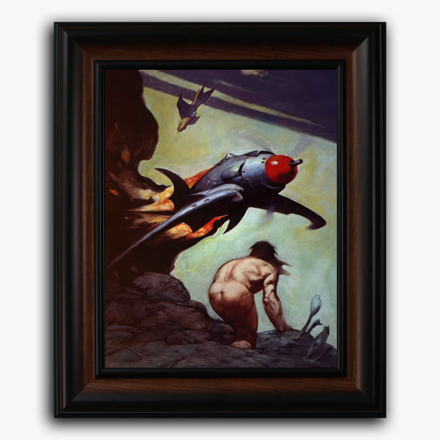 Framed fine art print of Frank Frazetta’s God from the Sky, featuring a futuristic spacecraft descending toward a primitive, crouched man on a rocky cliff, evoking a powerful contrast between ancient and advanced civilizations.
