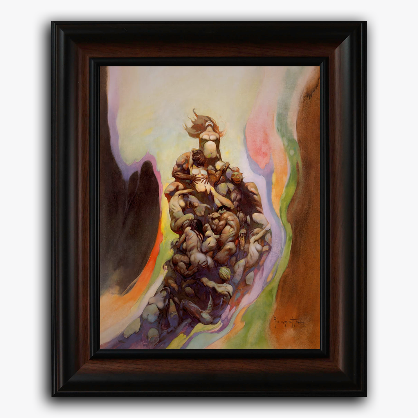 Framed fine art print of Frank Frazetta’s Godmakers, depicting a woman atop a rising mass of writhing bodies, surrounded by surreal, swirling colors that evoke divine power or transcendence.