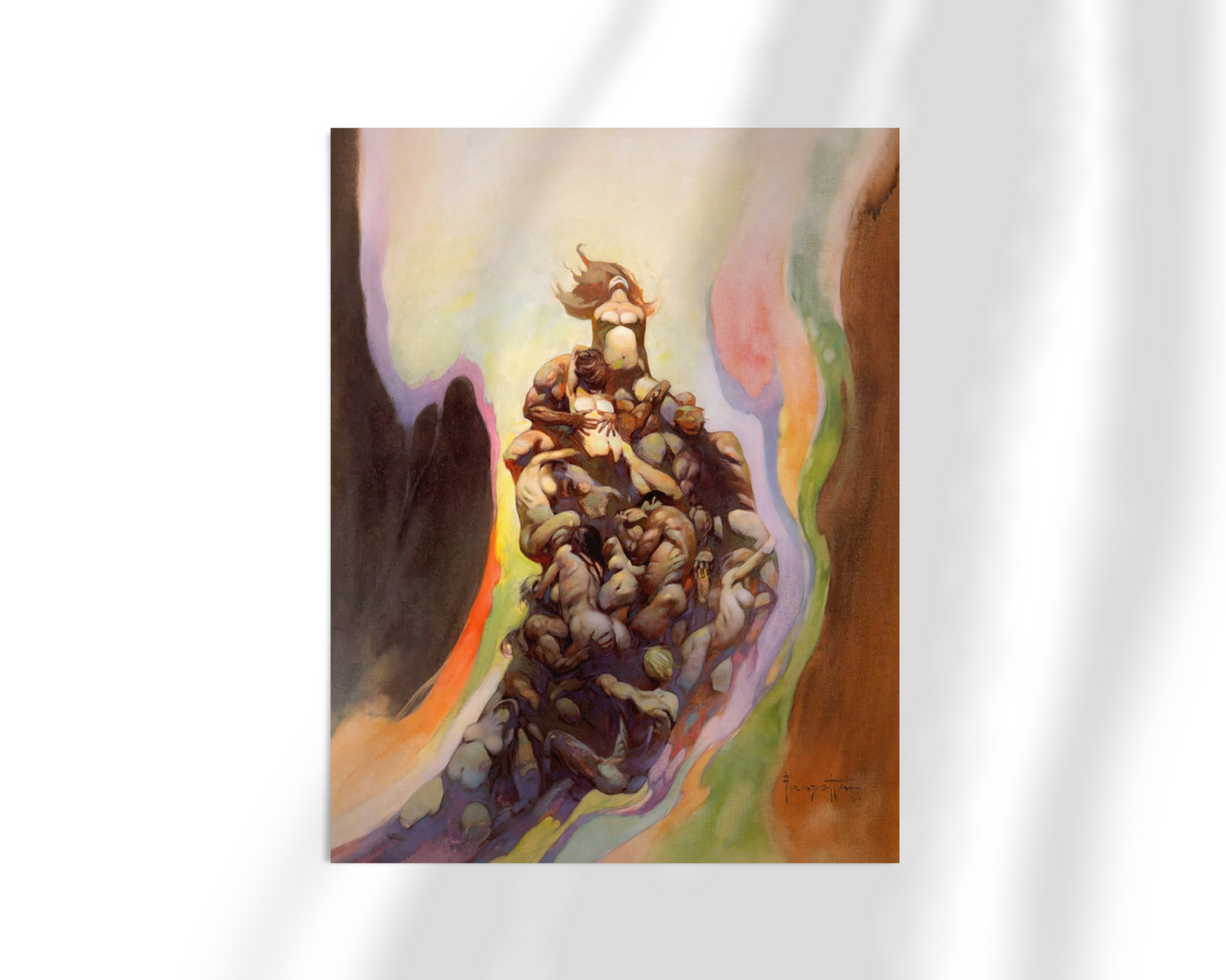 Unframed fine art print of Godmakers by Frank Frazetta, showcasing a woman elevated above a mound of entangled figures, bathed in otherworldly hues that suggest mysticism and transformation.