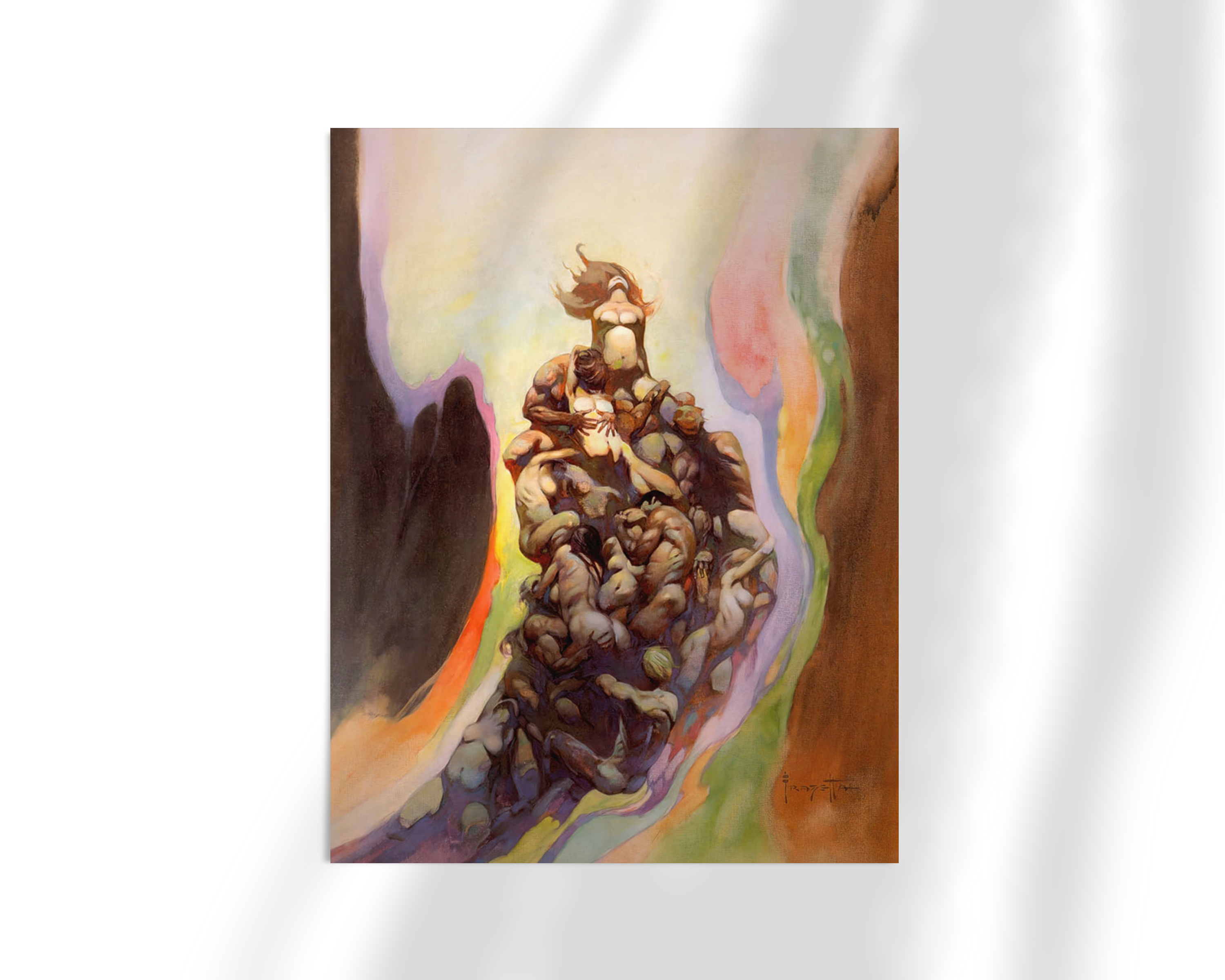 Unframed fine art print of Godmakers by Frank Frazetta, showcasing a woman elevated above a mound of entangled figures, bathed in otherworldly hues that suggest mysticism and transformation.