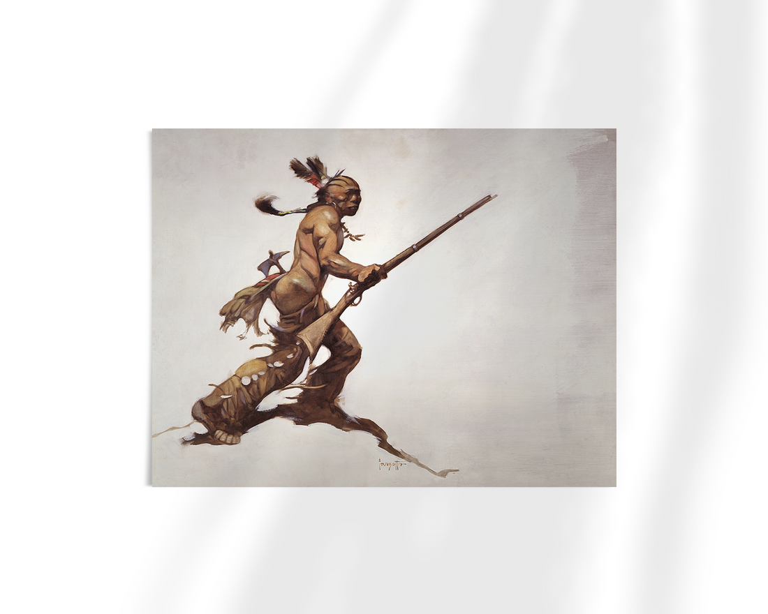 Unframed fine art print of Indian Brave by Frank Frazetta, showing a strong Native American figure with traditional garments and weaponry, ready for battle, isolated on a pale canvas.