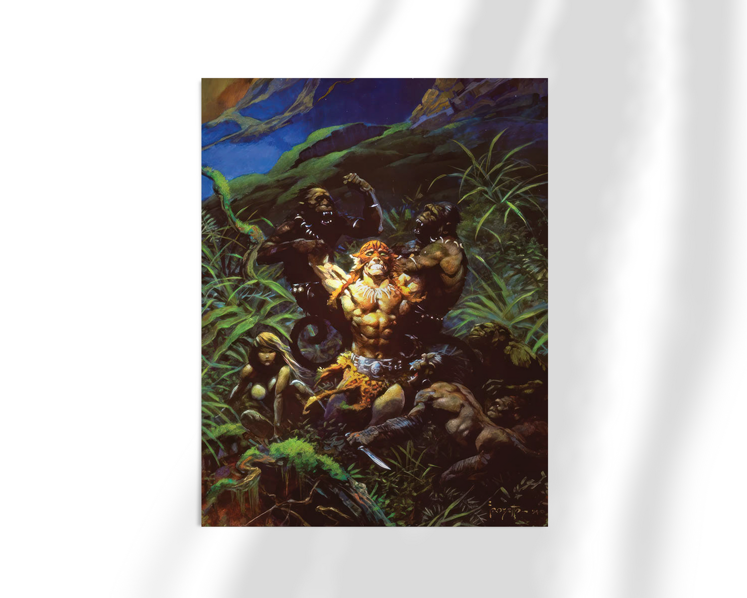 Unframed fine art print of Jaguar God I by Frank Frazetta, showing a powerful barbarian figure in the heat of combat, surrounded by enemies in a lush and chaotic jungle setting.