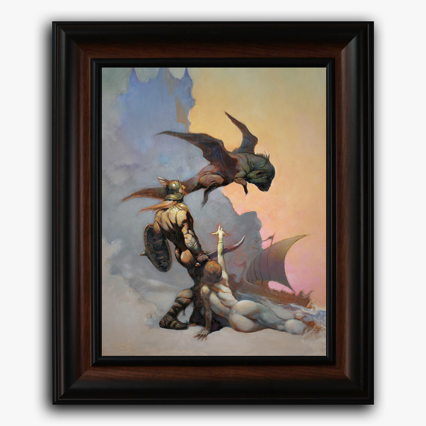 Framed fine art print of Frank Frazetta’s Kavin’s World, featuring a powerful armored warrior with a massive dragon-like creature soaring above him, and a woman lying at his feet against a surreal, pastel-colored sky.