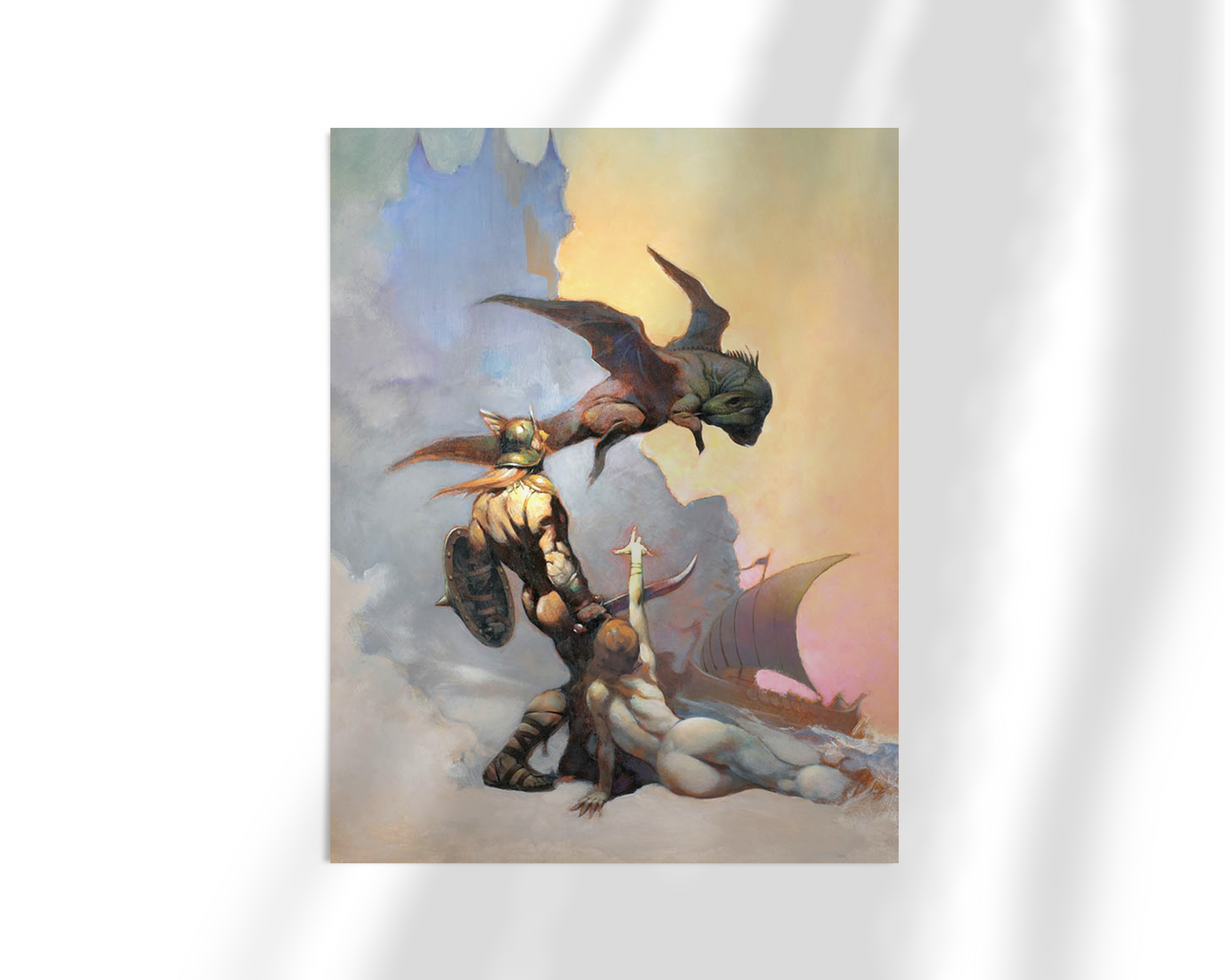 Unframed fine art print of Kavin’s World by Frank Frazetta. A striking fantasy scene with a winged beast circling above a victorious warrior, evoking a dreamlike and otherworldly atmosphere.
