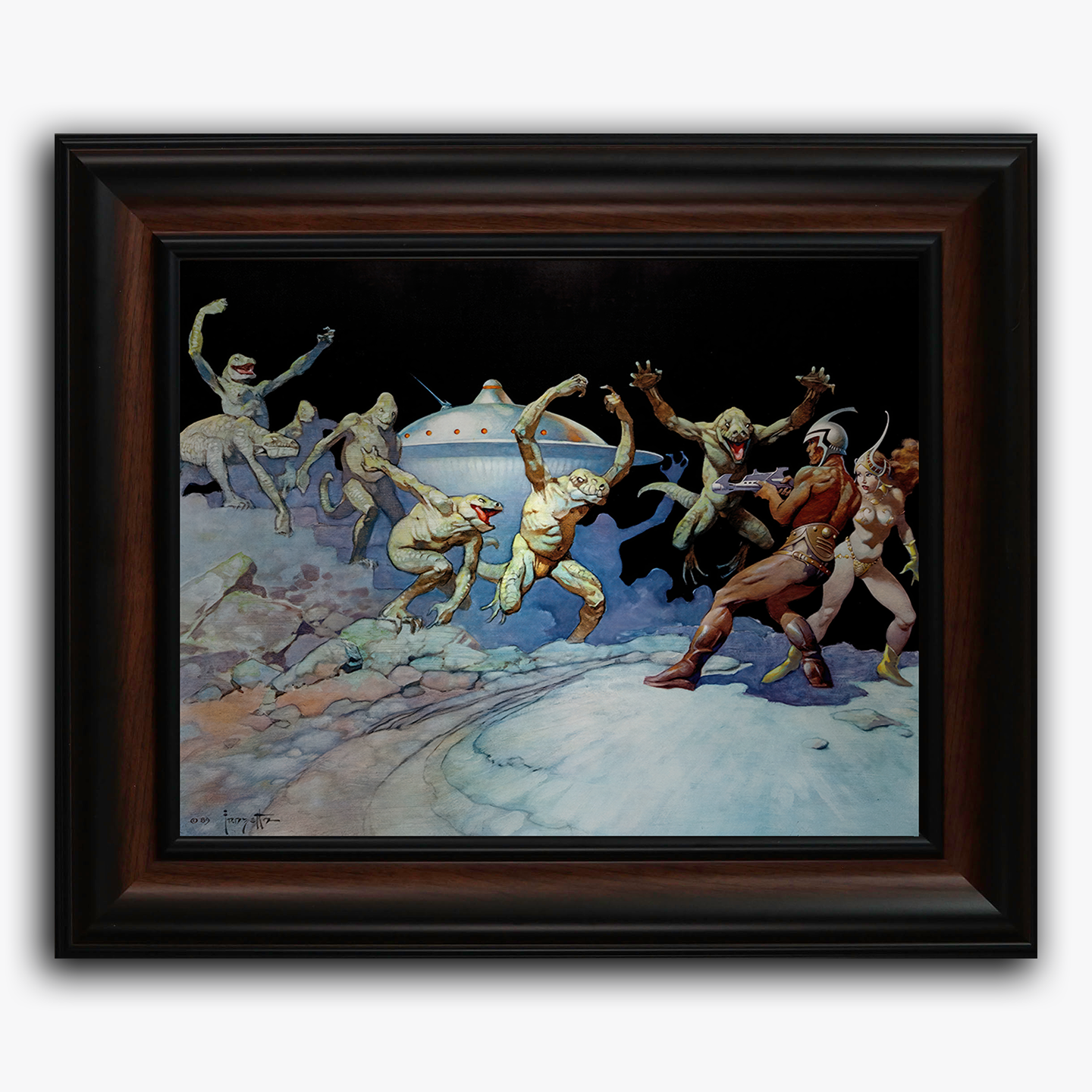 Framed fine art print of Frank Frazetta’s Leaping Lizards, featuring a wild confrontation between humanoid reptilian creatures on a rocky extraterrestrial terrain, with a flying saucer in the background.
