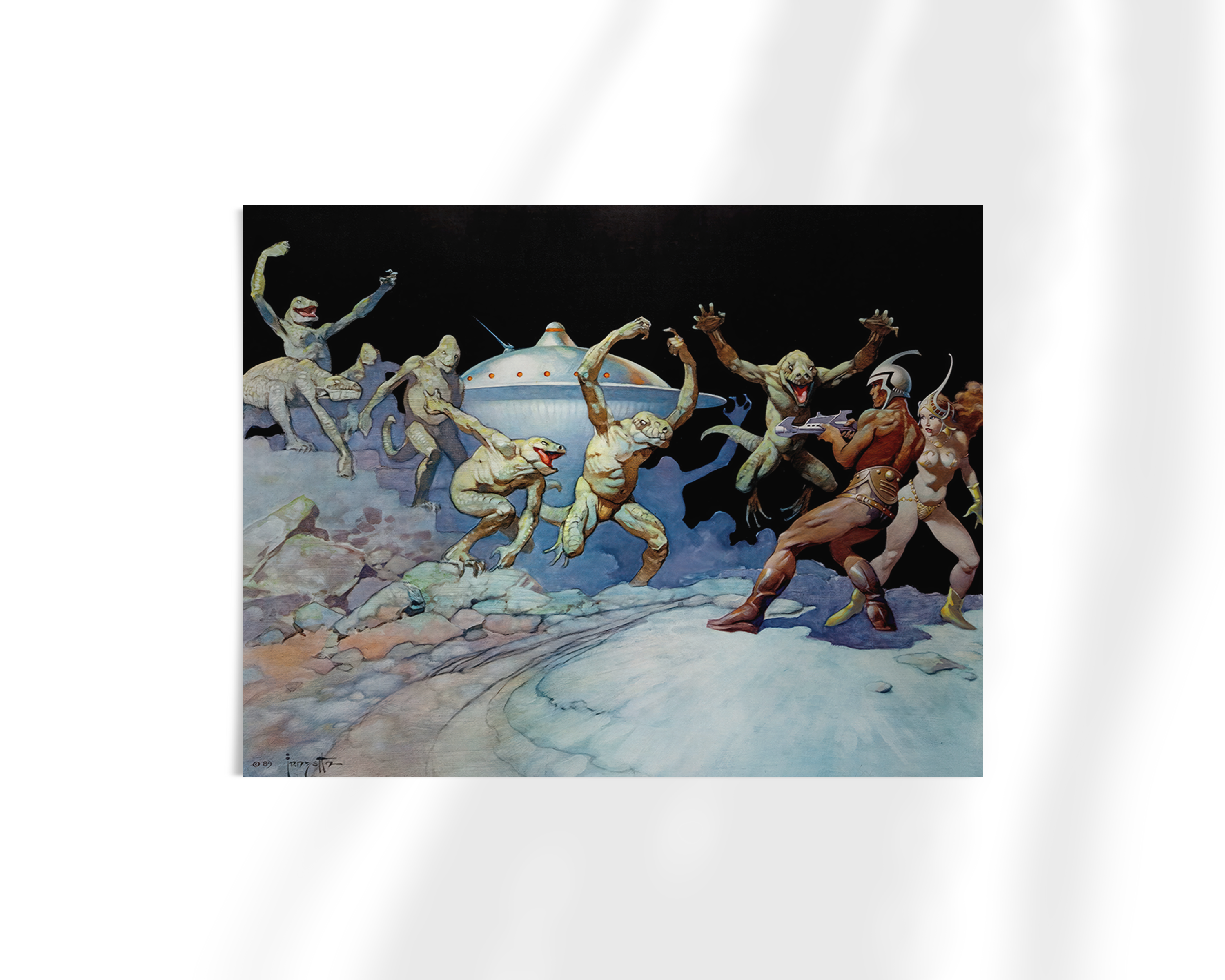 Unframed fine art print of Leaping Lizards by Frank Frazetta. Alien lizard-men leap and clash under a dark sky, near a landed UFO on a barren planetary surface.
