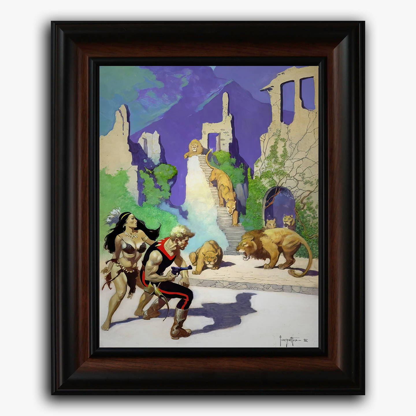 Framed fine art print of Frank Frazetta’s Lost Continent (Revised), featuring a tense scene of a blonde warrior and companion surrounded by beasts in the ruins of an ancient civilization beneath a violet sky.