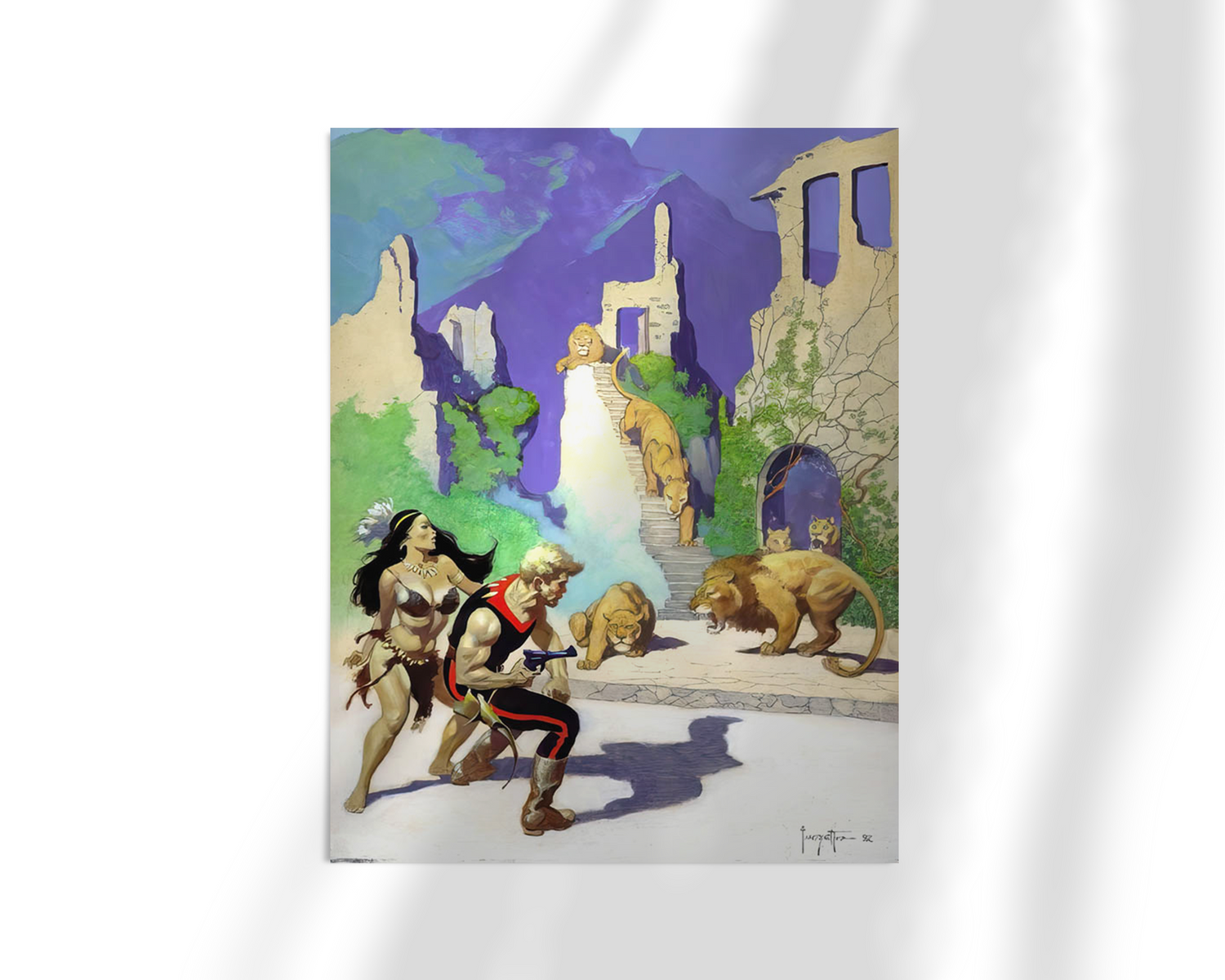 Unframed fine art print of Lost Continent (Revised) by Frank Frazetta. The artwork showcases a dramatic confrontation in sunlit ruins, with a hero shielding his companion as two lions emerge from the shadows.