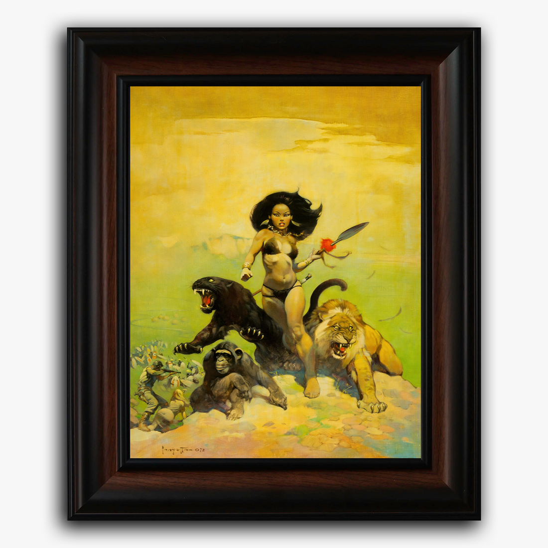 Framed fine art print of Frank Frazetta’s iconic fantasy artwork Luana, showcasing a powerful female figure aside her feline companions.