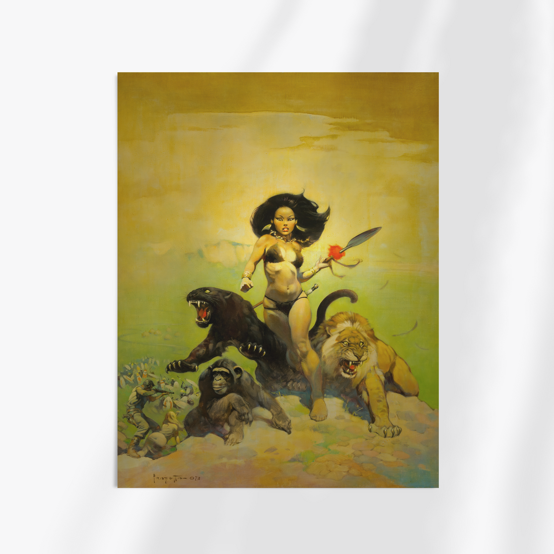 Unframed fine art print of Frank Frazetta’s iconic fantasy artwork Luana, showcasing a powerful female figure aside her feline companions. 