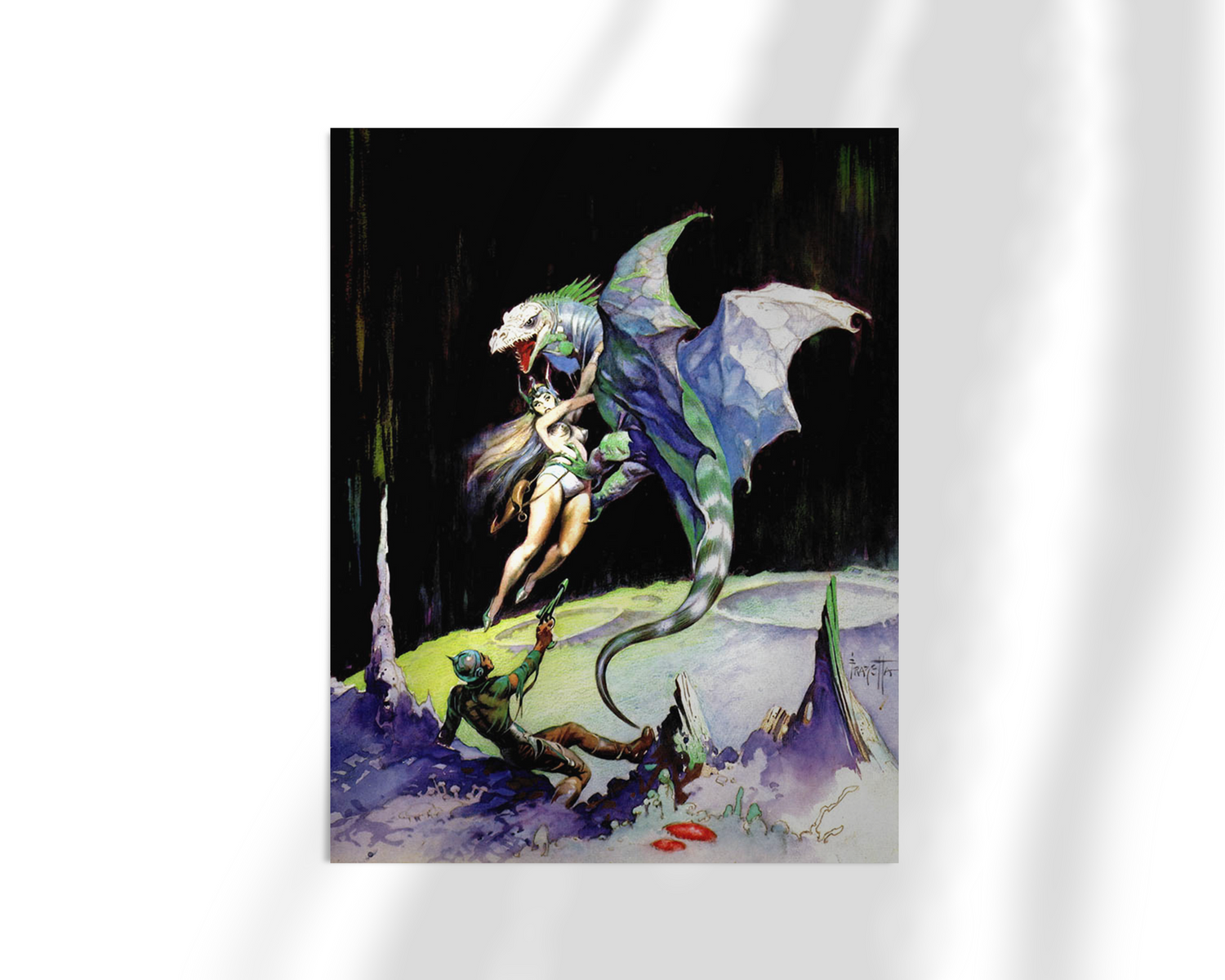 Unframed fine art print of Maza on the Moon by Frank Frazetta, featuring a bold female warrior being abducted by a winged lizard, with the curvature of a large moon dominating the cosmic background.