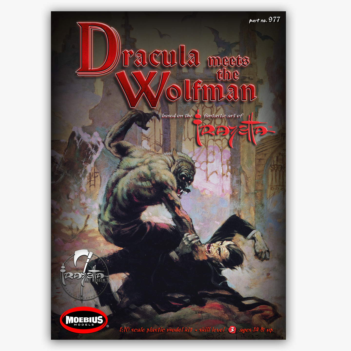 Box art for Frazetta Moebius Models Dracula Meets the Wolfman 1:10 scale model kit, featuring Frazetta&