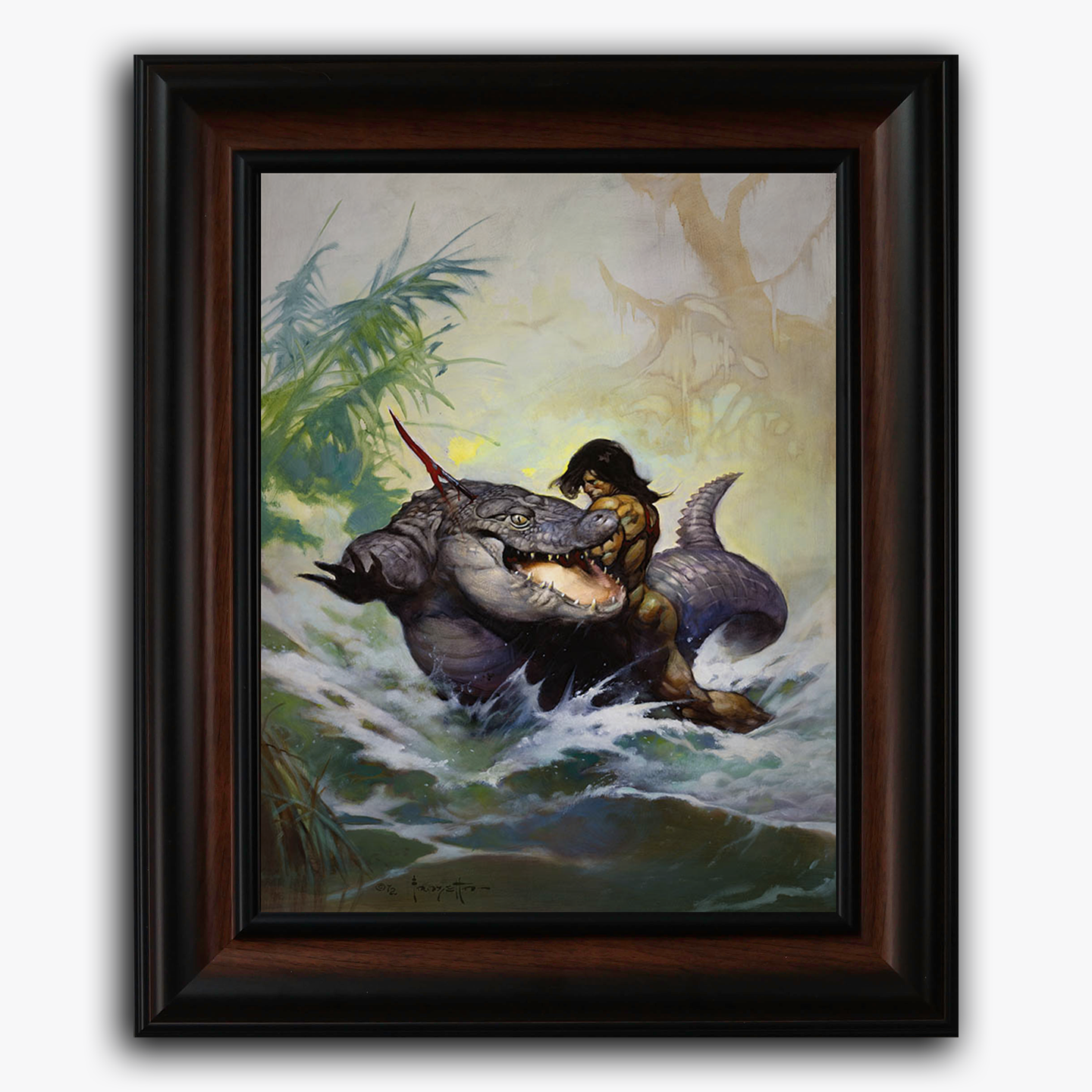 Framed fine art print of Frank Frazetta’s Monster Out of Time, featuring a heroic warrior grappling with a prehistoric sea creature in turbulent waters, set against a misty jungle backdrop.