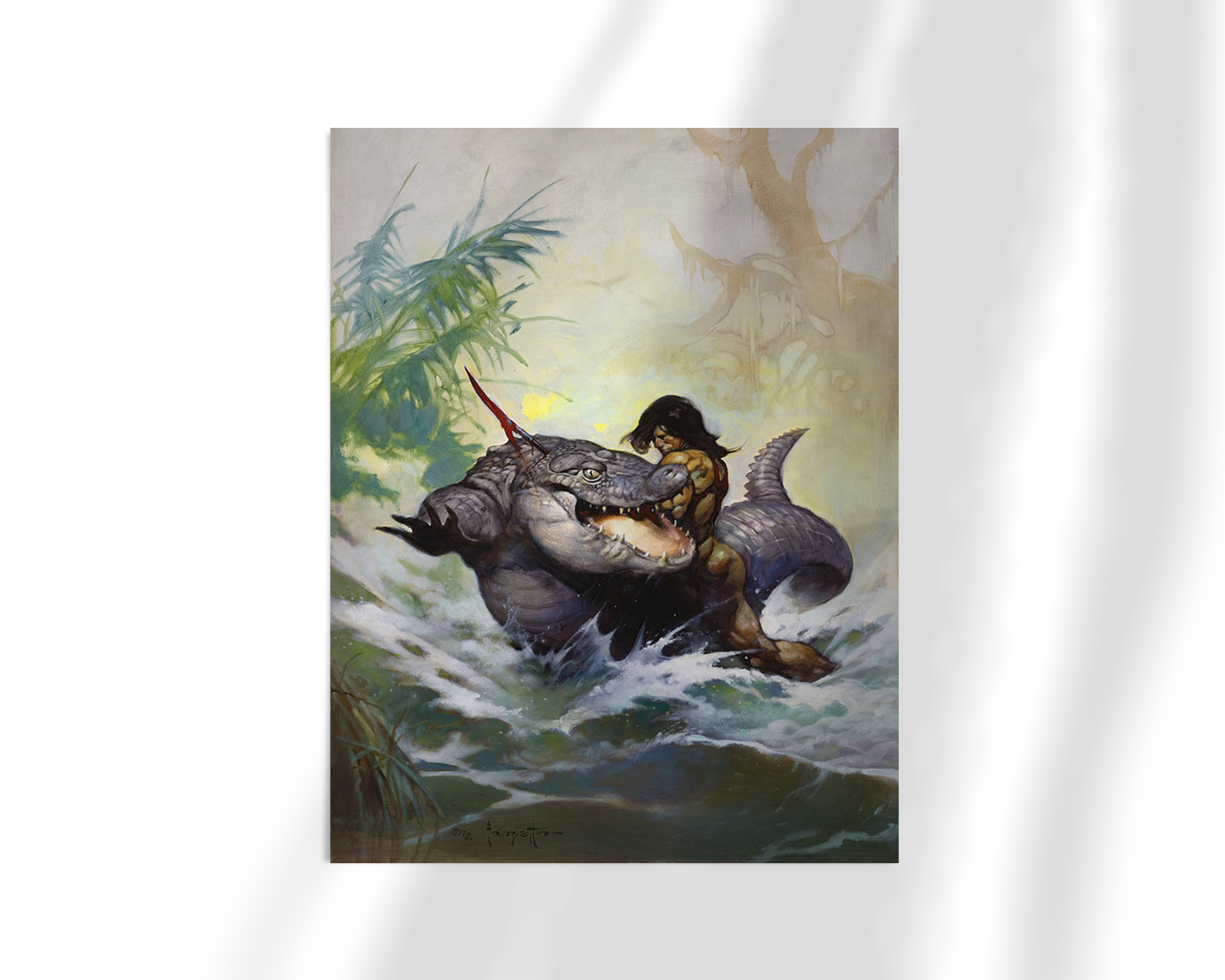 Unframed fine art print of Monster Out of Time by Frank Frazetta. A muscular warrior battles a massive aquatic beast in a thrashing river, surrounded by dense, primeval forest.