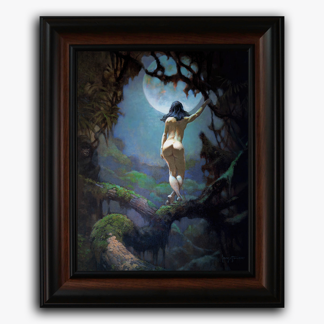 Framed fine art print of Frazetta’s Moons Rapture, depicting a nude woman standing on a tree limb under moonlight in a mystical jungle.