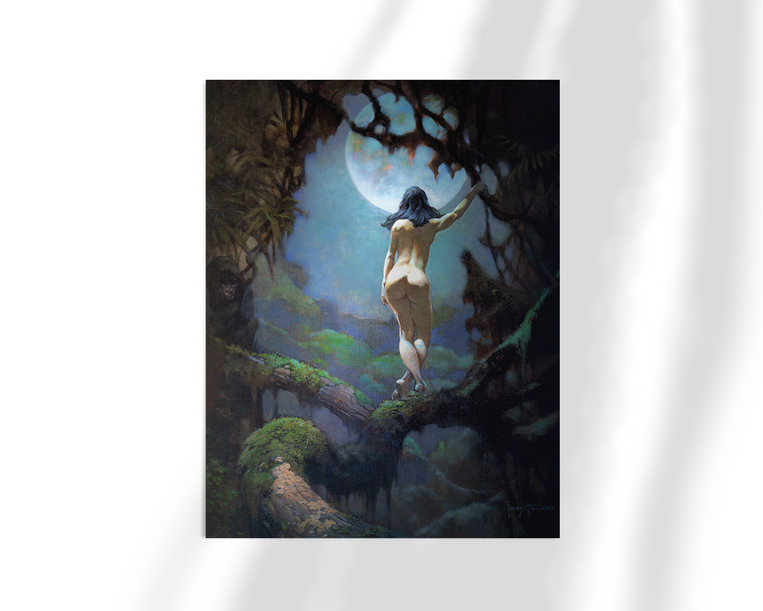 Unframed gloss print of Moons Rapture, featuring a moonlit forest scene with a nude figure and subtle detail in the surrounding canopy.