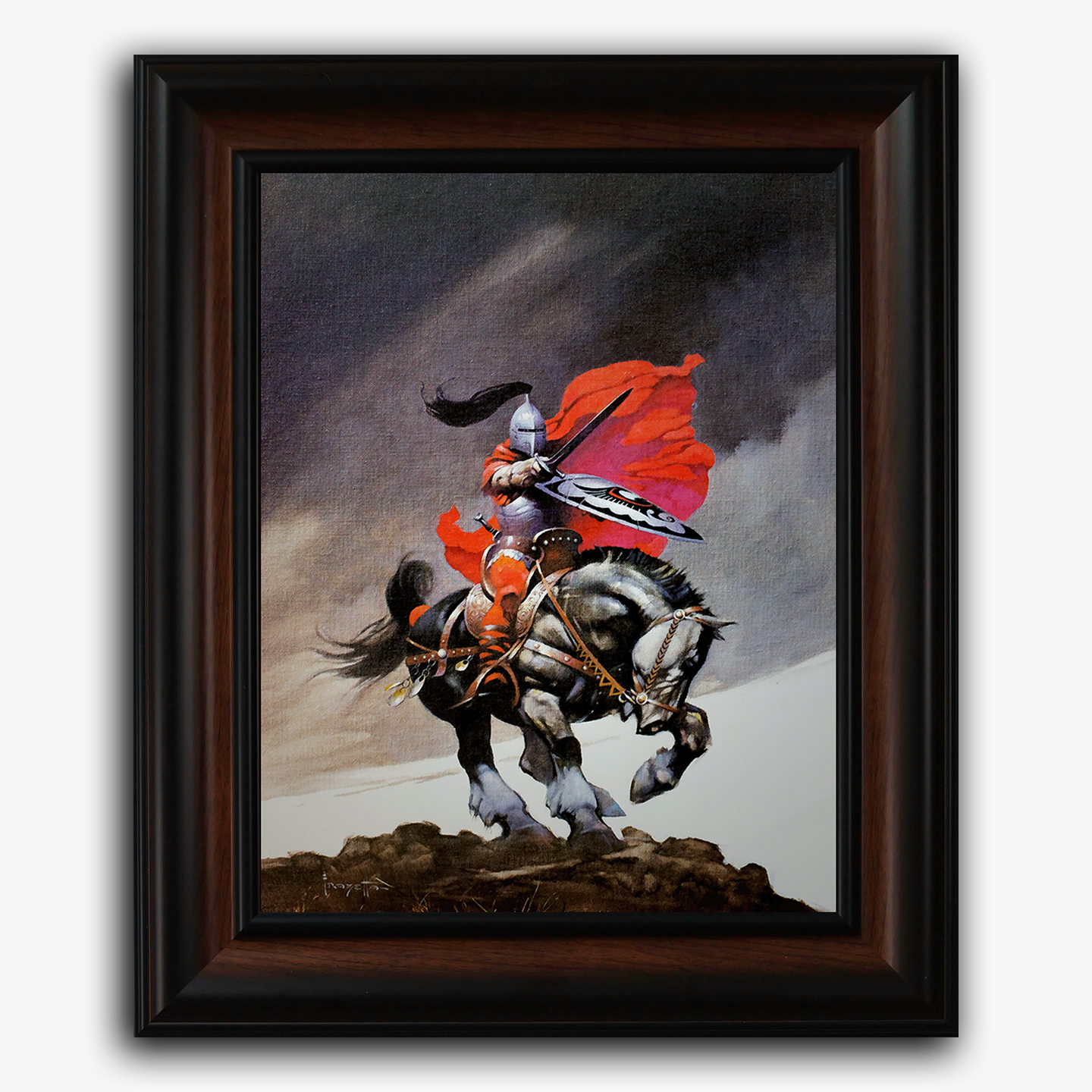 Framed fine art print of Frank Frazetta’s “Outlaw of Torn,” depicting a mounted knight in silver armor and a flowing red cape charging forward.