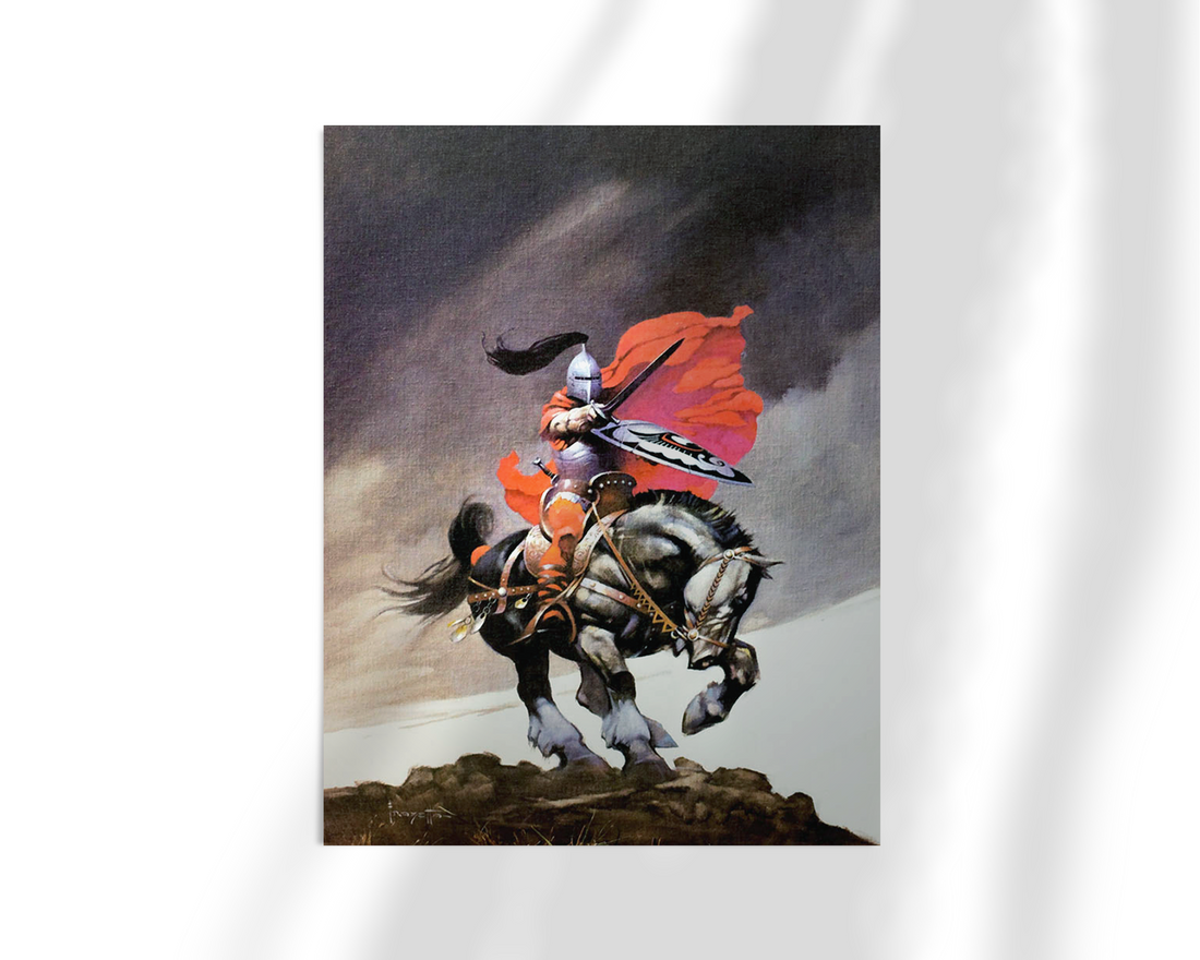 Unframed fine art print of Frazetta’s “Outlaw of Torn,” featuring a dramatic scene of a heroic knight riding a powerful horse against a stormy sky.