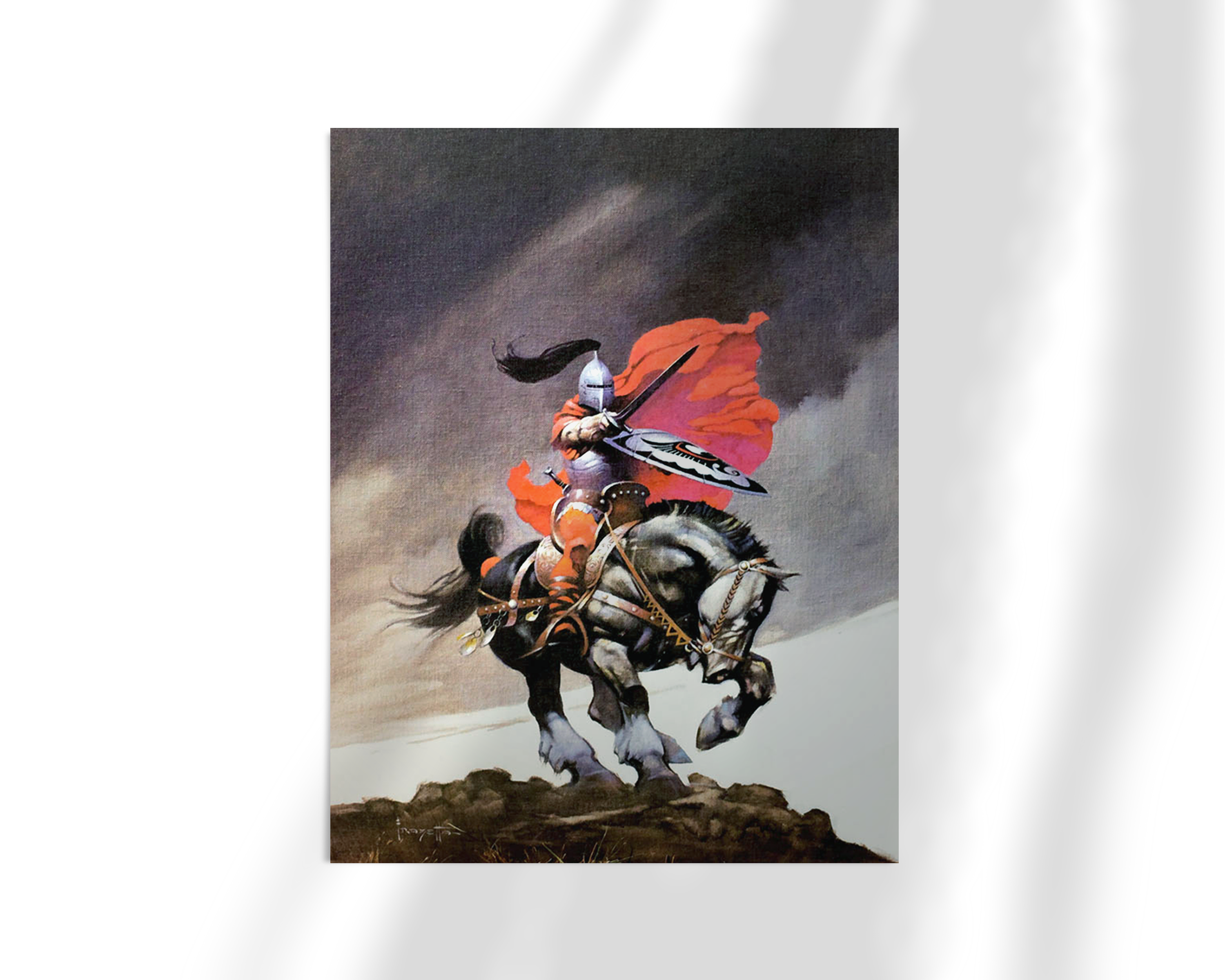 Unframed fine art print of Frazetta’s “Outlaw of Torn,” featuring a dramatic scene of a heroic knight riding a powerful horse against a stormy sky.