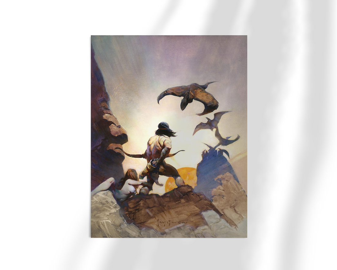 Framed fine art print of Frank Frazetta’s Return of Jongor, depicting a powerful figure bracing for battle against a swarm of prehistoric, winged creatures as sunlight bursts through the rocky cliffs in front of him.