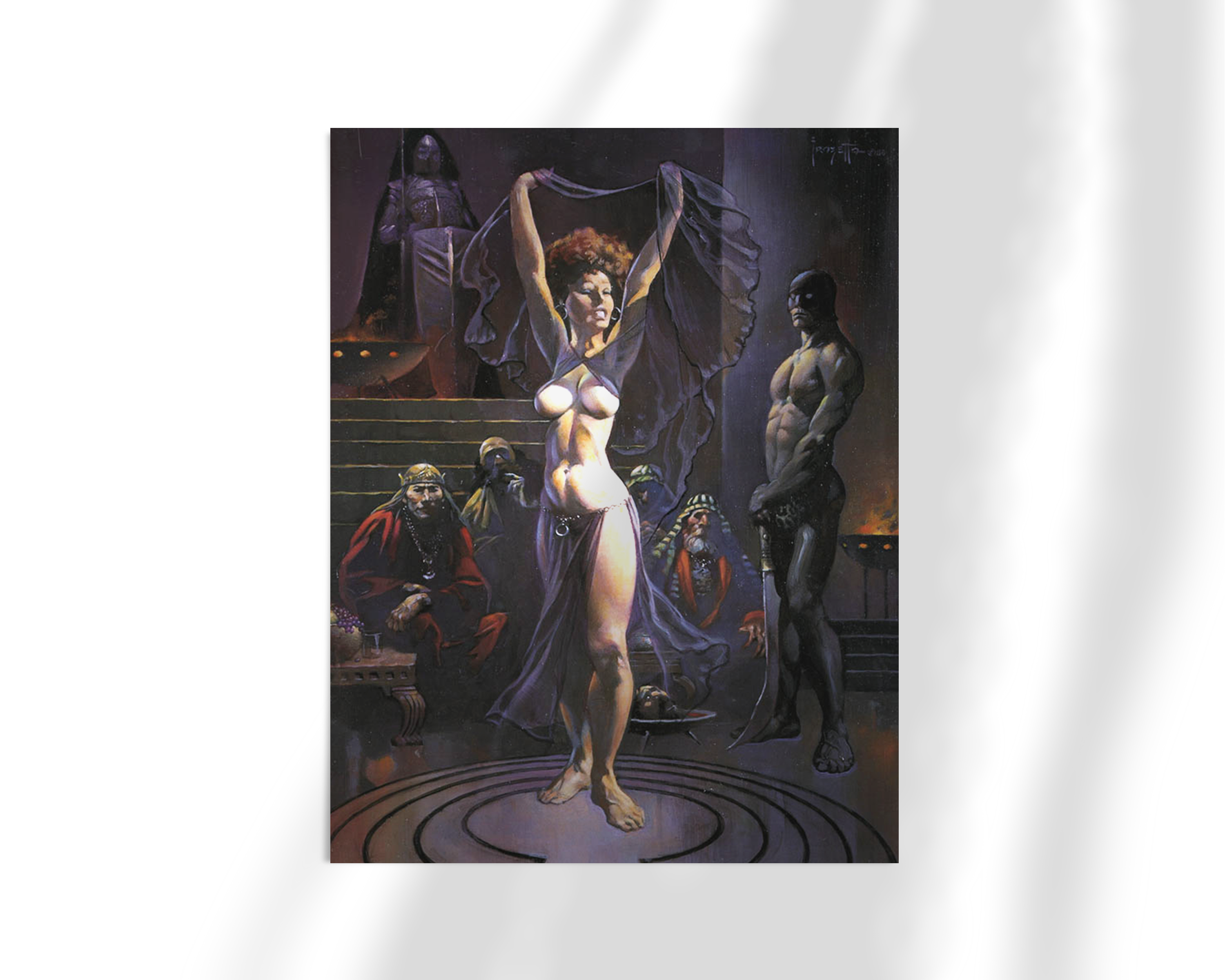 Unframed fine art print of Salome by Frank Frazetta. The central figure stands with arms raised in a sheer, flowing garment, surrounded by men cloaked in darkness, creating a mysterious and intense theatrical atmosphere.