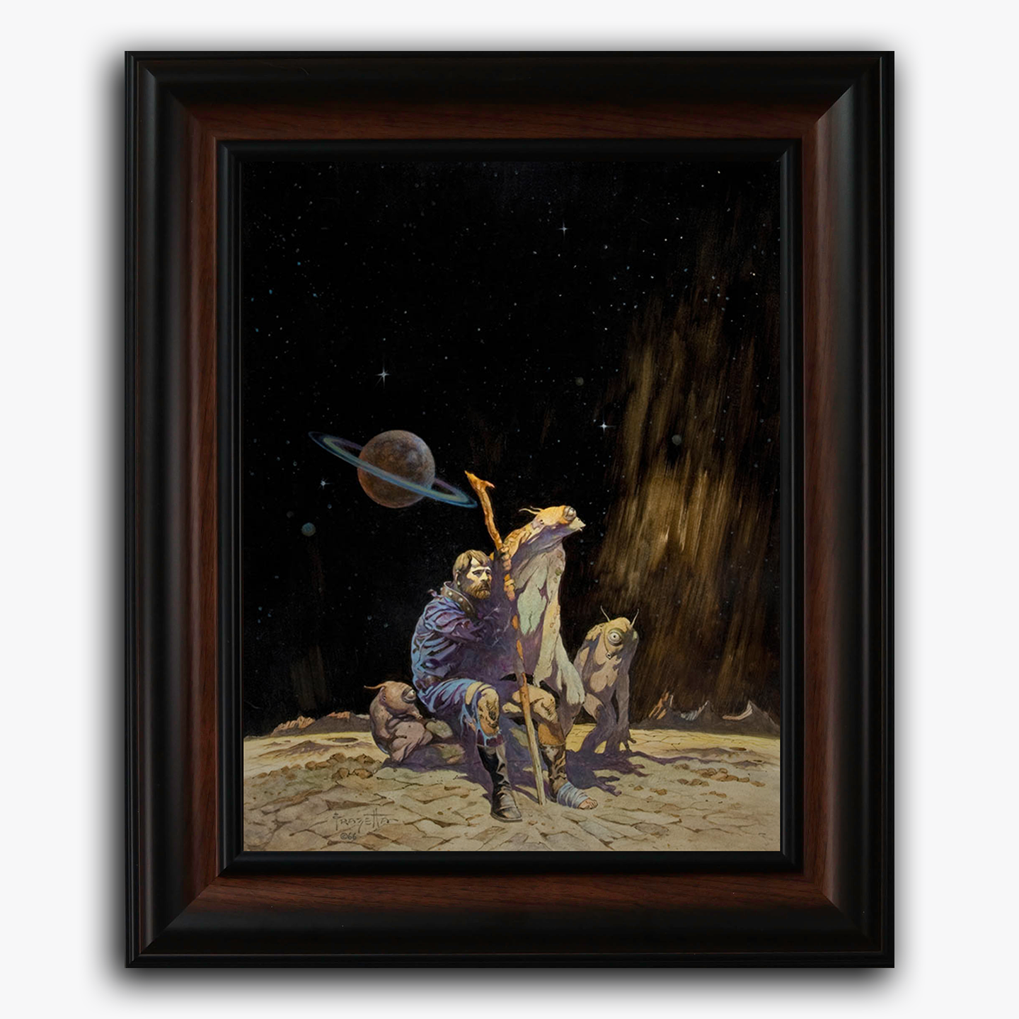 Framed fine art print of Frank Frazetta’s “Stranded,” featuring space travelers seated on a barren moon-like surface with Saturn looming in the sky.
