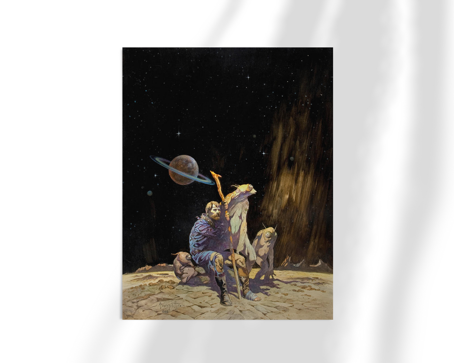 Unframed fine art print of Frazetta’s “Stranded,” showing a man marooned in space, gazing toward the distant planet with a sense of isolation.