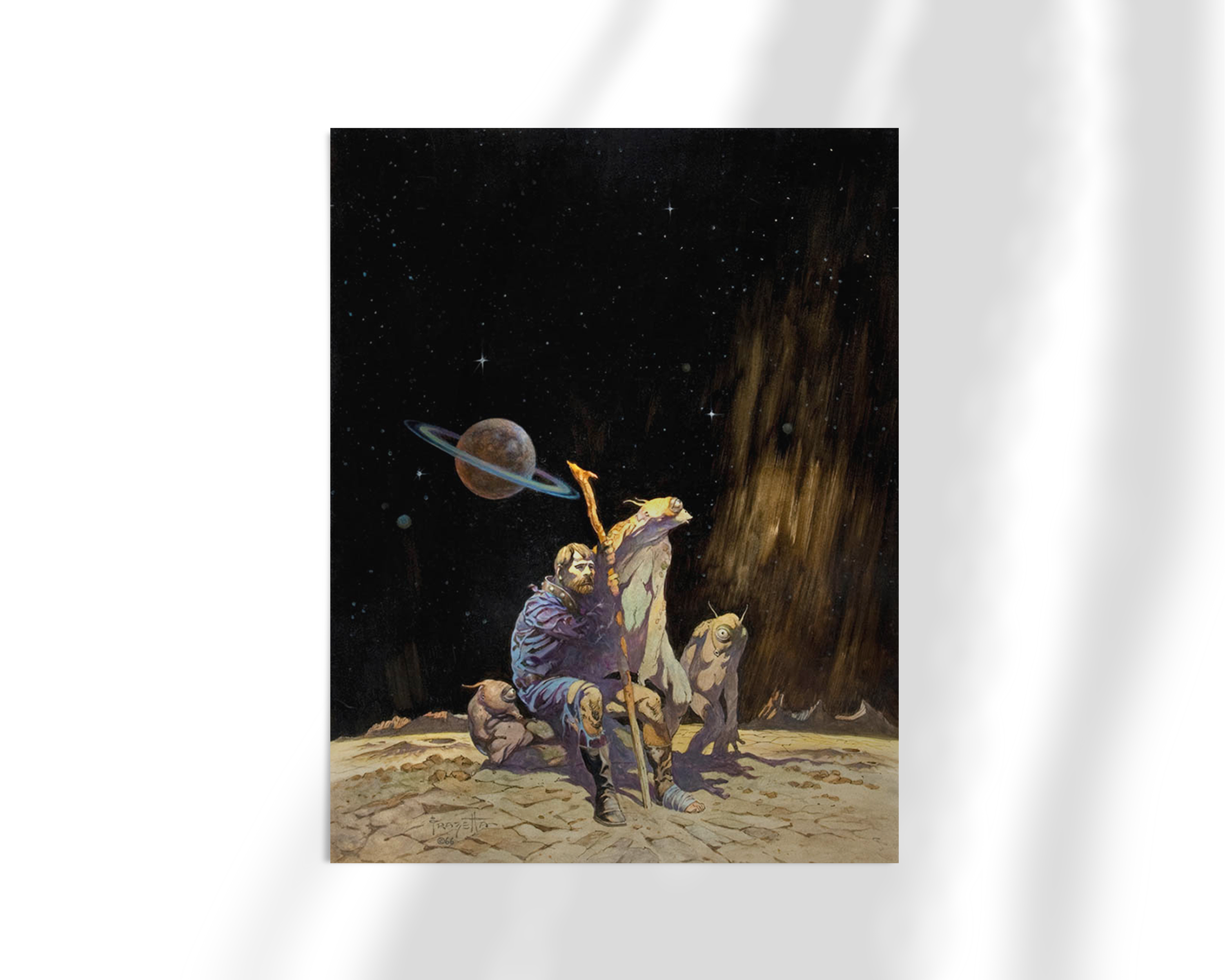 Unframed fine art print of Frazetta’s “Stranded,” showing a man marooned in space, gazing toward the distant planet with a sense of isolation.