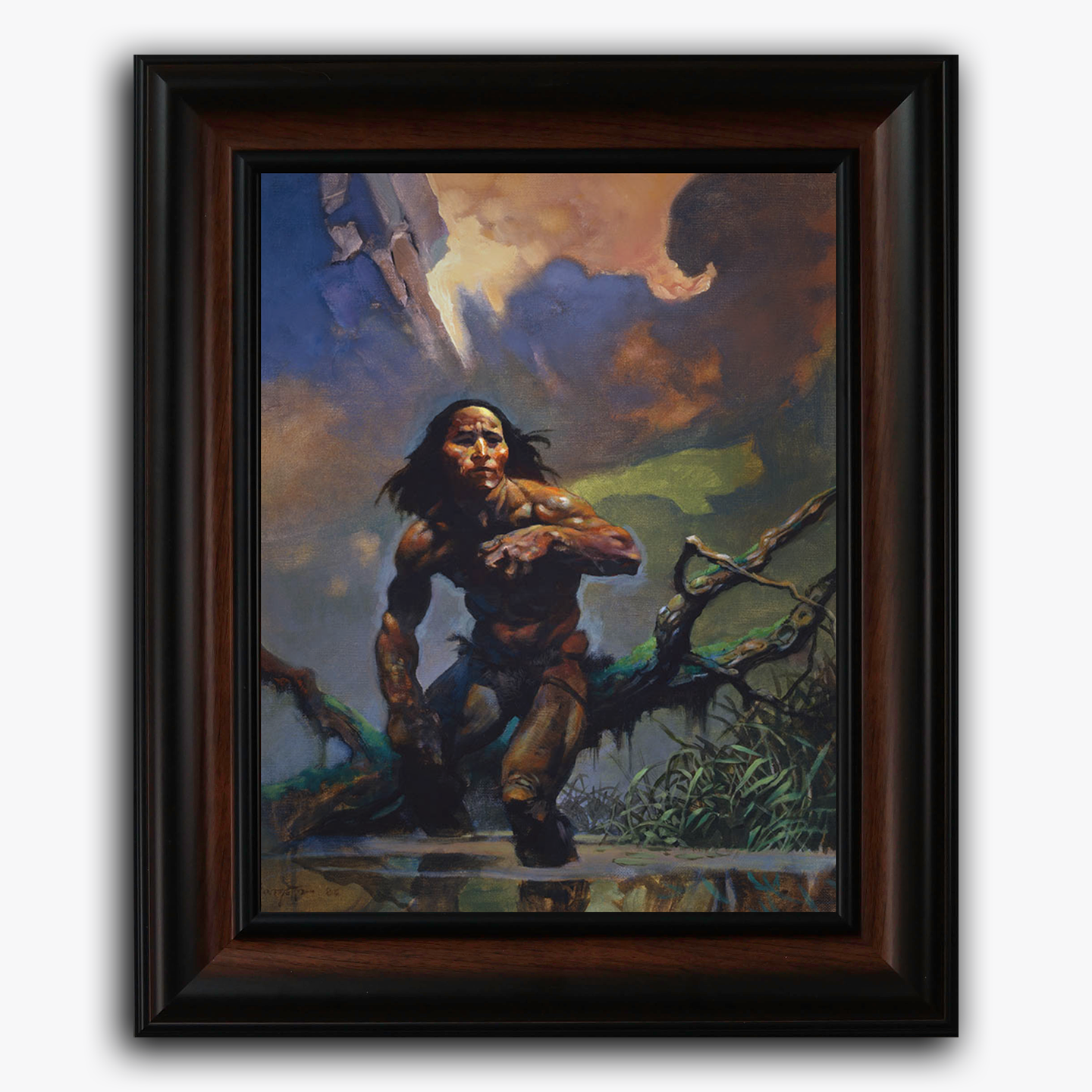 Framed fine art print of Frank Frazetta’s Swamp Walker, featuring a primal warrior trudging through murky water in a dense, humid swamp. His intense expression and muscular form contrast against the dramatic sky and tangled, otherworldly vegetation.