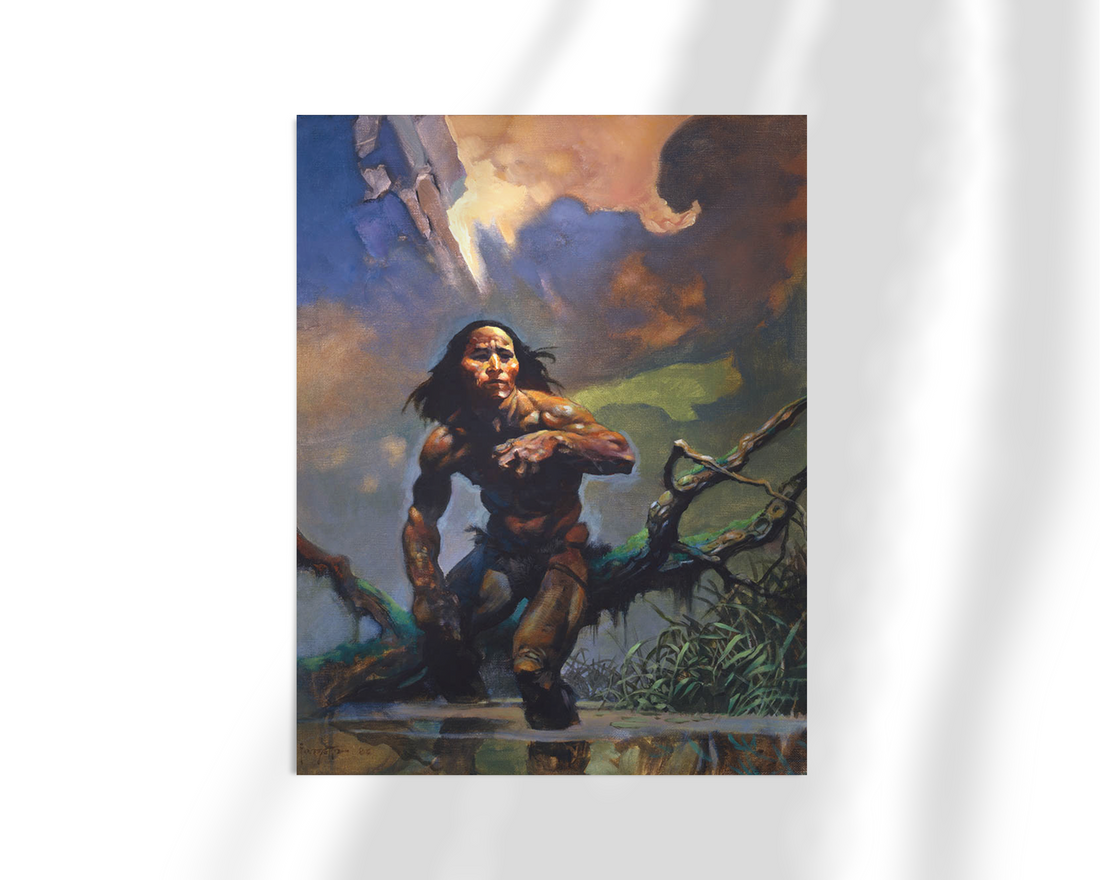 Unframed fine art print of Swamp Walker by Frank Frazetta. The piece depicts a lone warrior navigating through a shadowy swamp under a vibrant, storm-streaked sky, evoking a sense of danger and resilience.