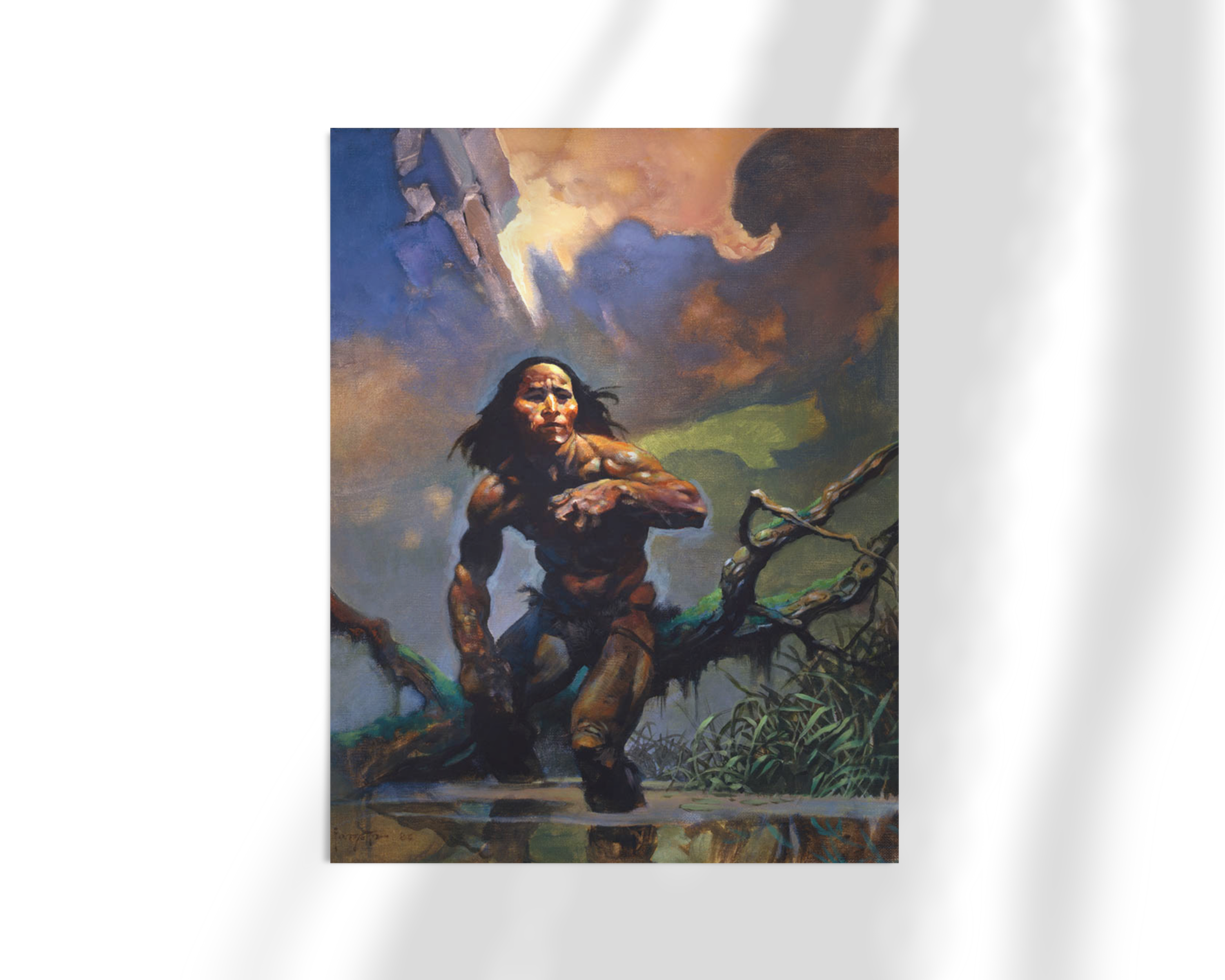 Unframed fine art print of Swamp Walker by Frank Frazetta. The piece depicts a lone warrior navigating through a shadowy swamp under a vibrant, storm-streaked sky, evoking a sense of danger and resilience.
