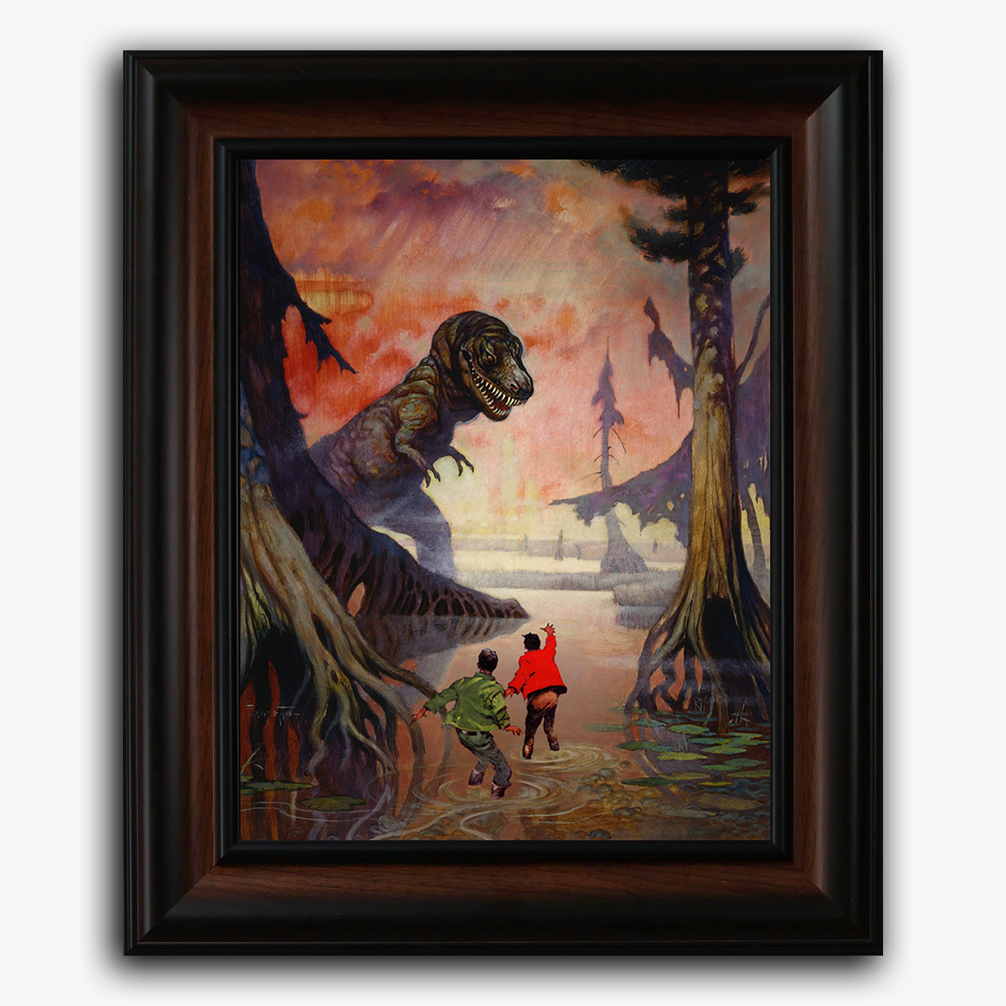 Framed fine art print of Frank Frazetta’s “Swamp God,” depicting two explorers in a prehistoric swamp as a massive dinosaur-like creature emerges from the trees.