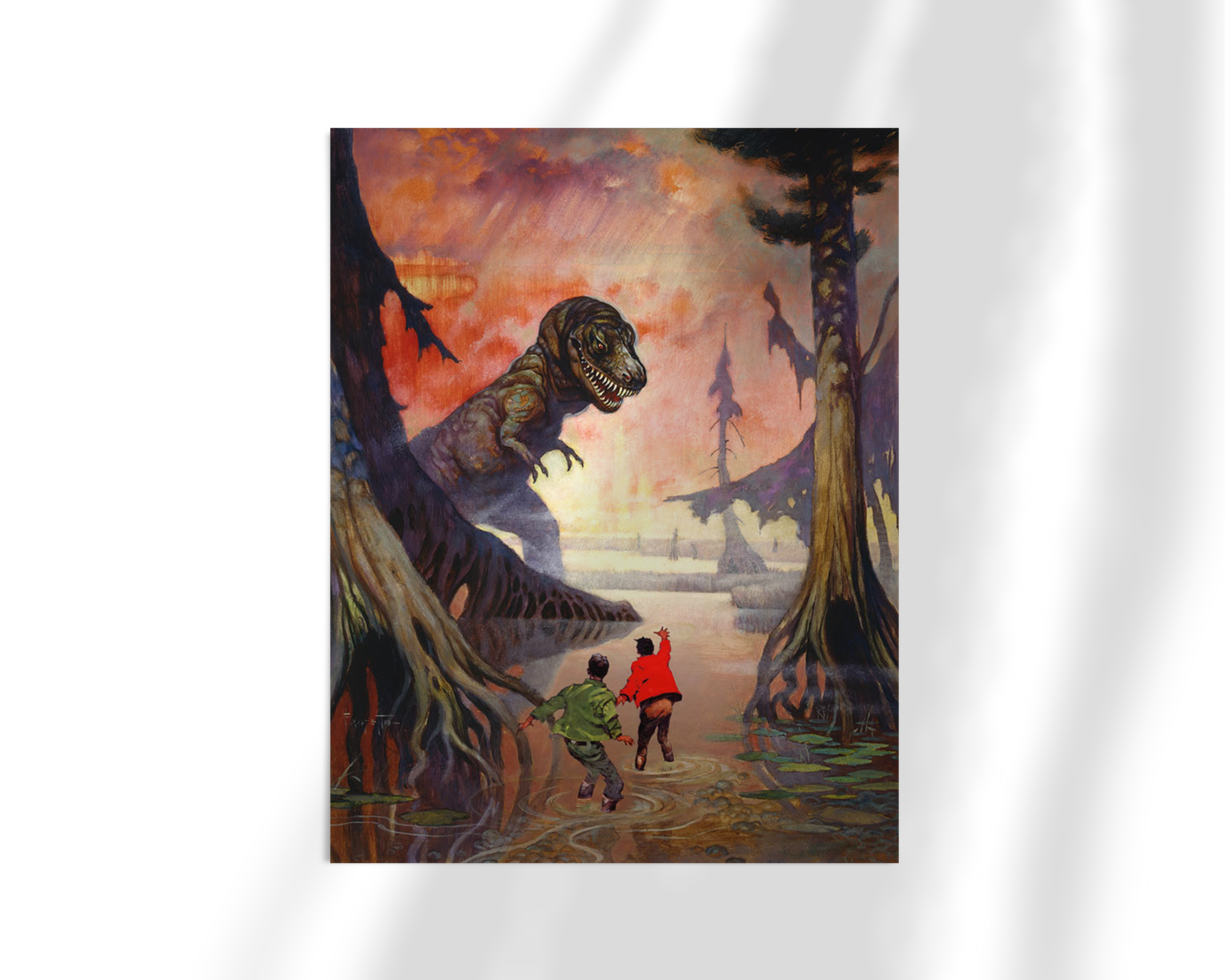 Unframed fine art print of Frazetta’s “Swamp God,” showing a towering beast watching over a misty jungle as two small figures cautiously approach.