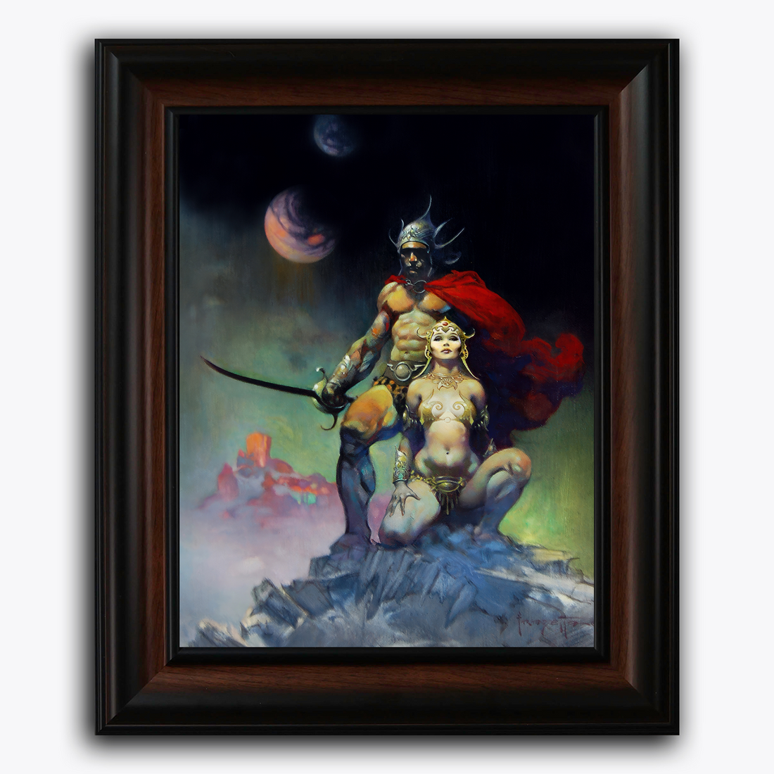 Framed fine art print of Frank Frazetta’s “Swordsman of Mars,” featuring a heroic warrior gripping a sword while standing protectively beside a nude woman, with alien moons in the background.