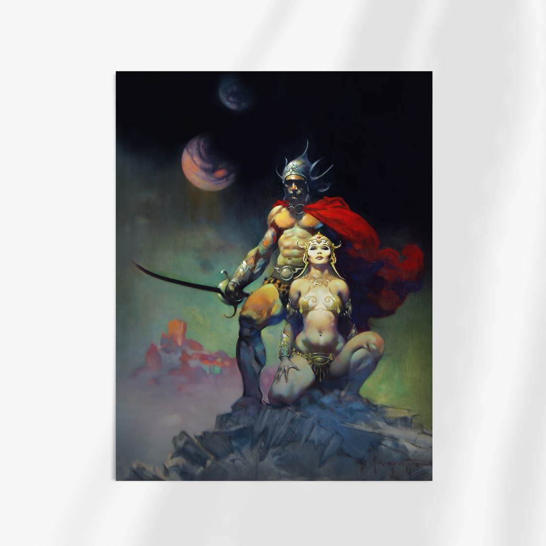 Unframed fine art print of Frazetta’s “Swordsman of Mars,” showing a powerful figure in a red cape with a sword, poised against a vivid Martian landscape under an otherworldly sky.