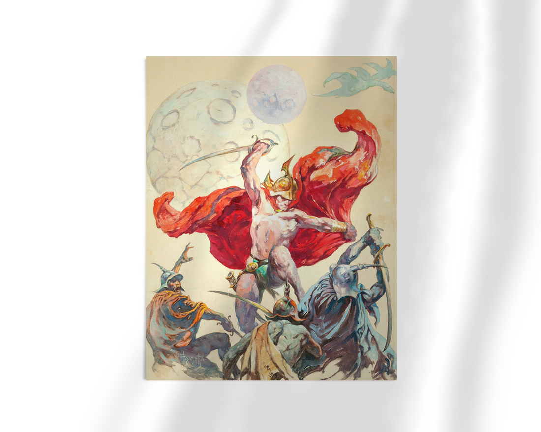 Unframed fine art print of Swordsmen in the Sky by Frank Frazetta. A heroic figure raises his weapon high, surrounded by slain or stunned enemies, with planetary bodies and swirling skies creating an otherworldly battlefield.