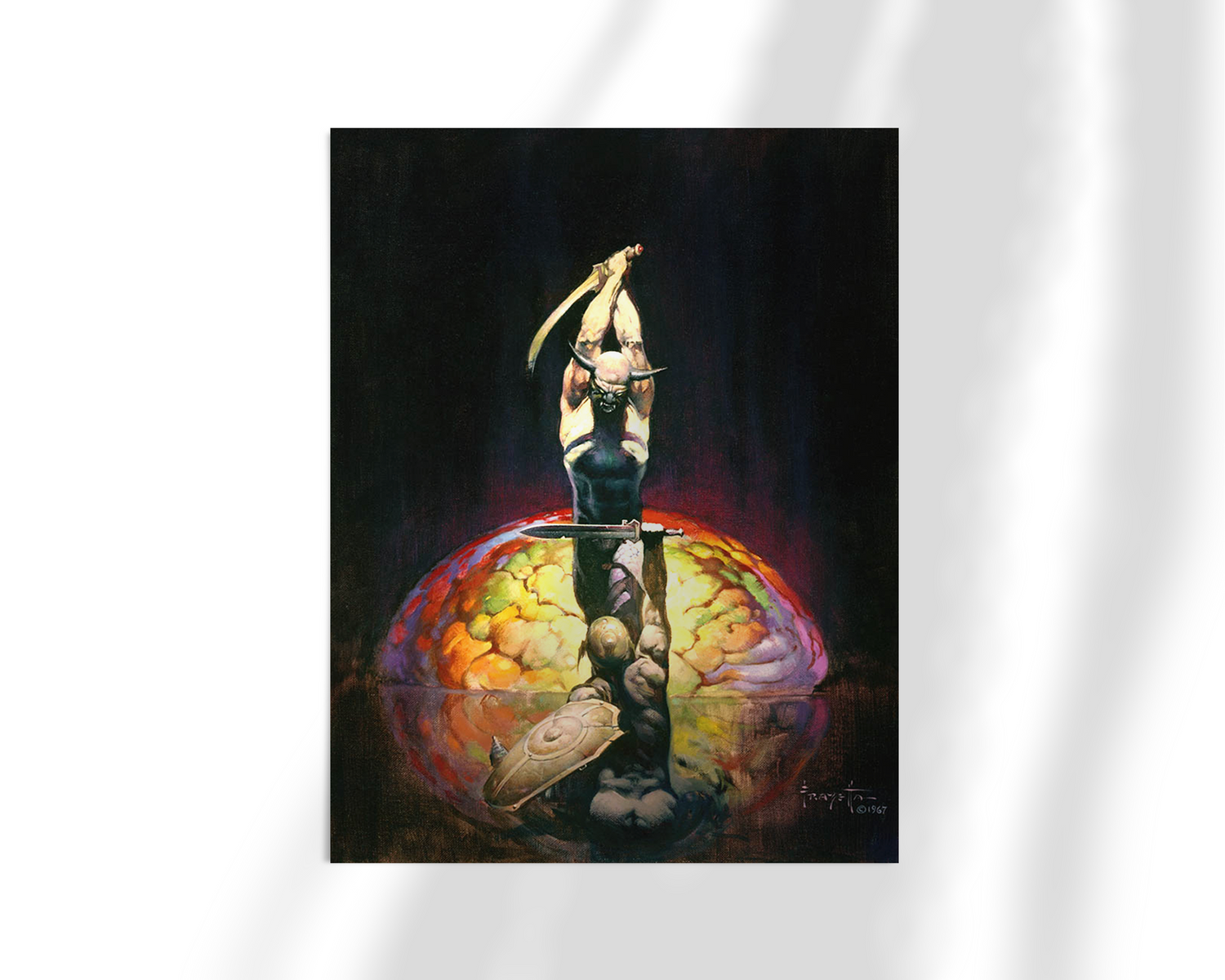 Unframed fine art print of “The Brain” by Frank Frazetta, showcasing a muscular figure poised on a surreal brain form against a black void.