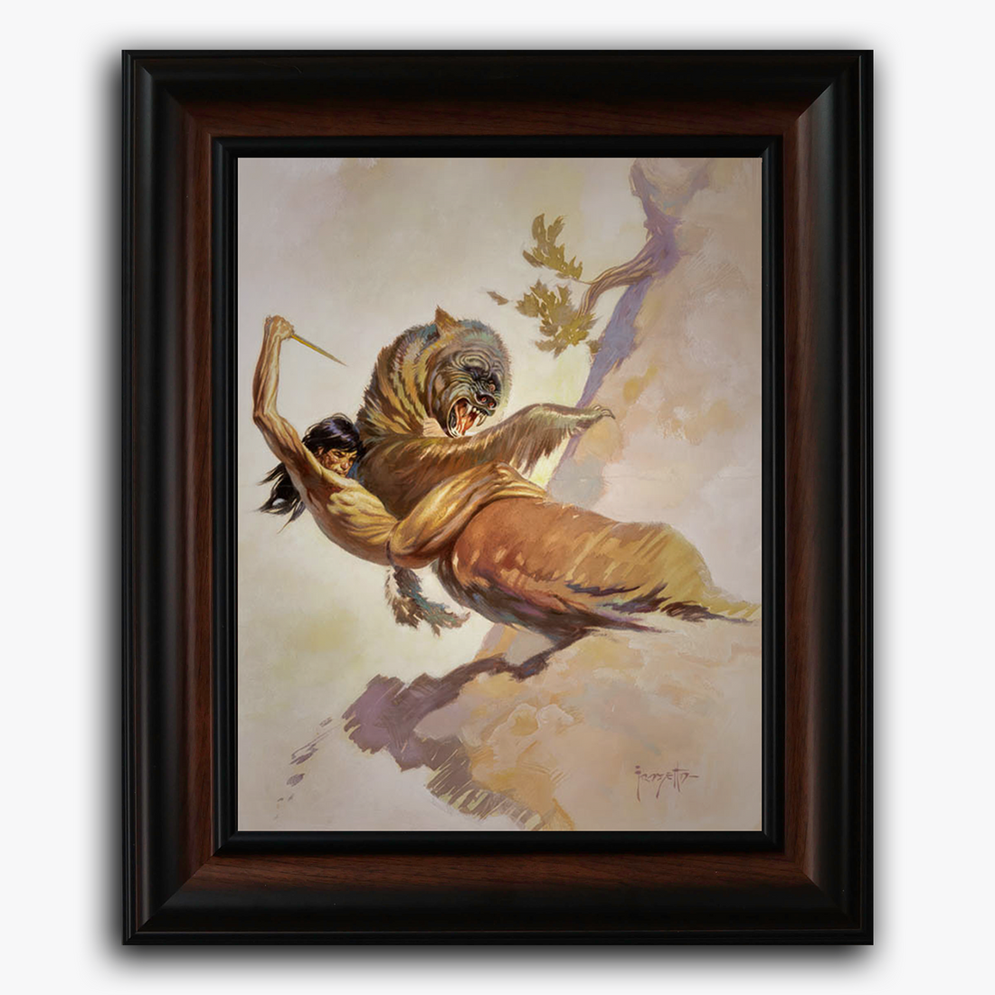 Framed fine art print of Frank Frazetta’s The Earth’s Core, showing a dramatic battle scene where a beast wrestles with a man. The background is light and dreamlike, contrasting the intense action.