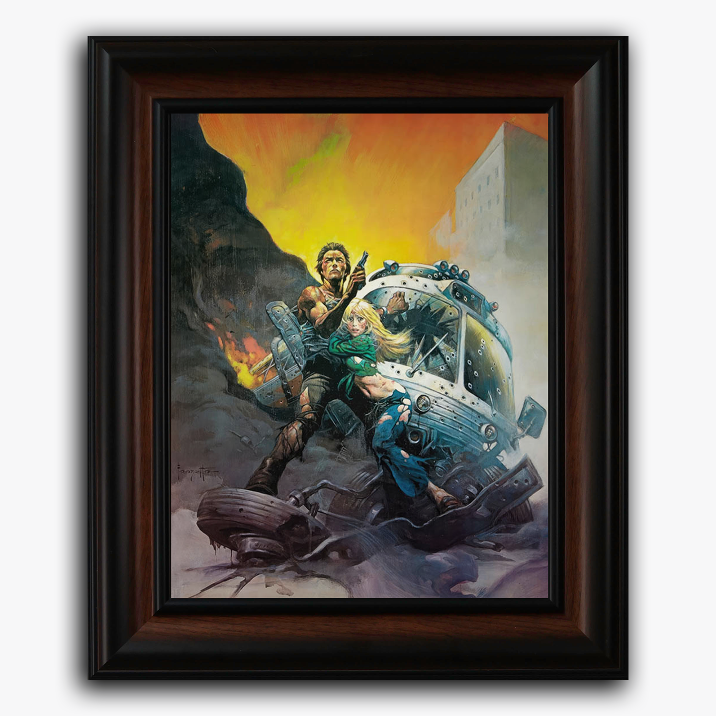 Framed fine art print of Frank Frazetta’s “The Gauntlet,” featuring a powerful man in a futuristic, post-apocalyptic setting.