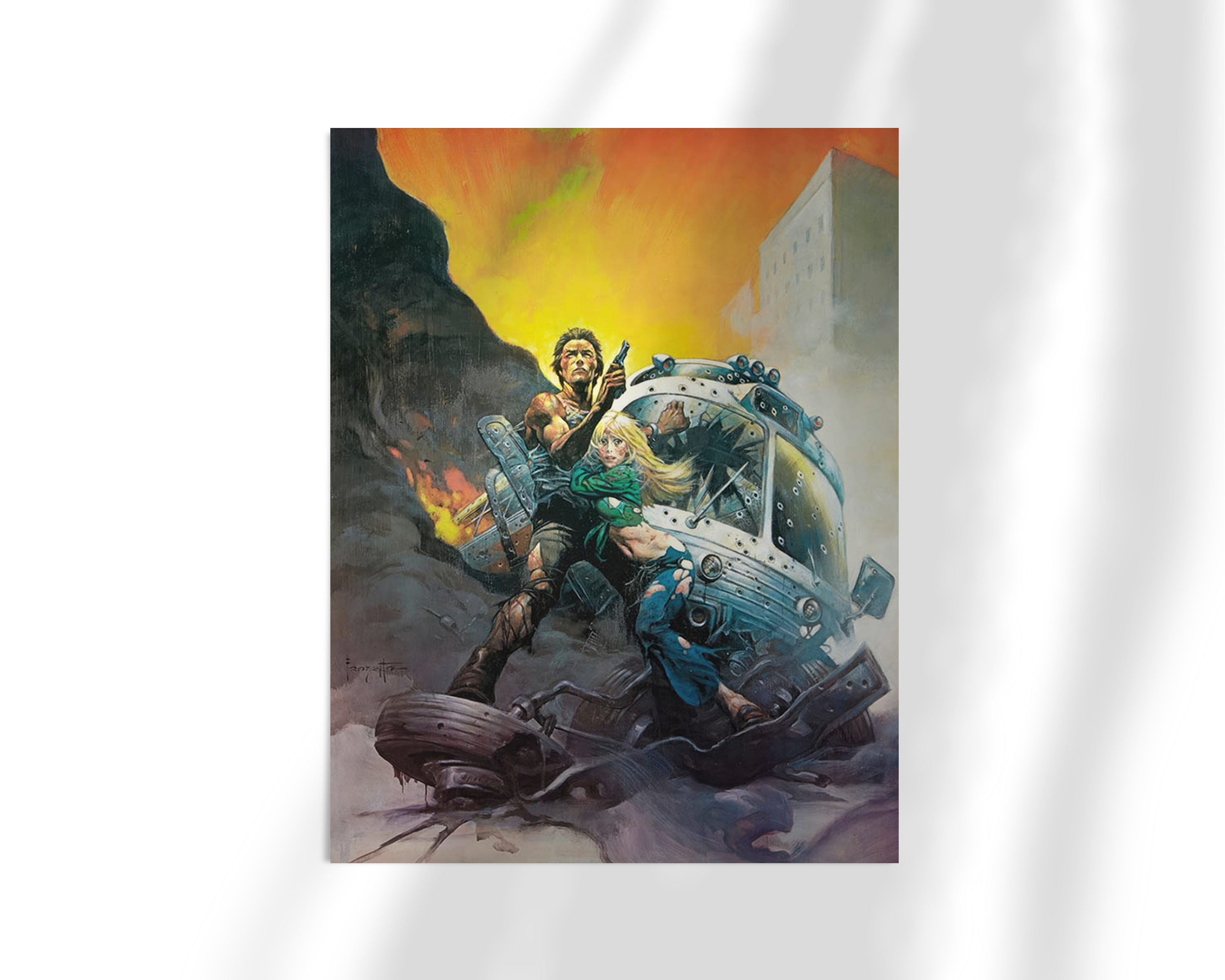 Unframed fine art print of Frazetta’s “The Gauntlet,” showing a fierce male hero wielding a weapon amidst wreckage, flames, and defeated enemies.