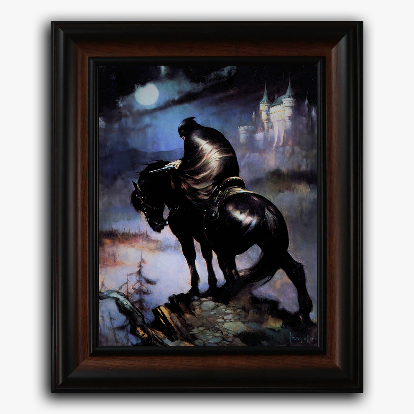 Framed fine art print of Frank Frazetta’s “The Rider,” featuring a lone, cloaked warrior atop a black horse, gazing over a moonlit, misty landscape.