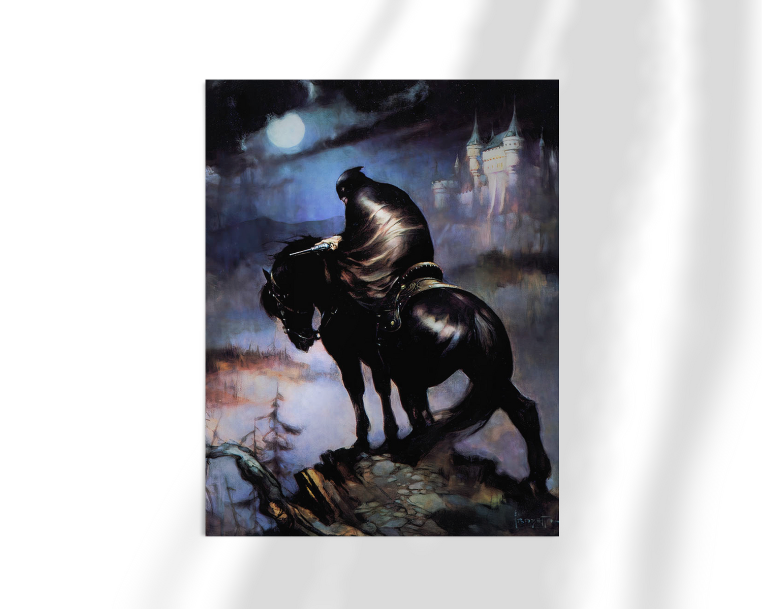 Unframed print of Frank Frazetta’s “The Rider,” showing a darkly atmospheric scene with a solitary rider on horseback, shrouded in mystery and shadow.
