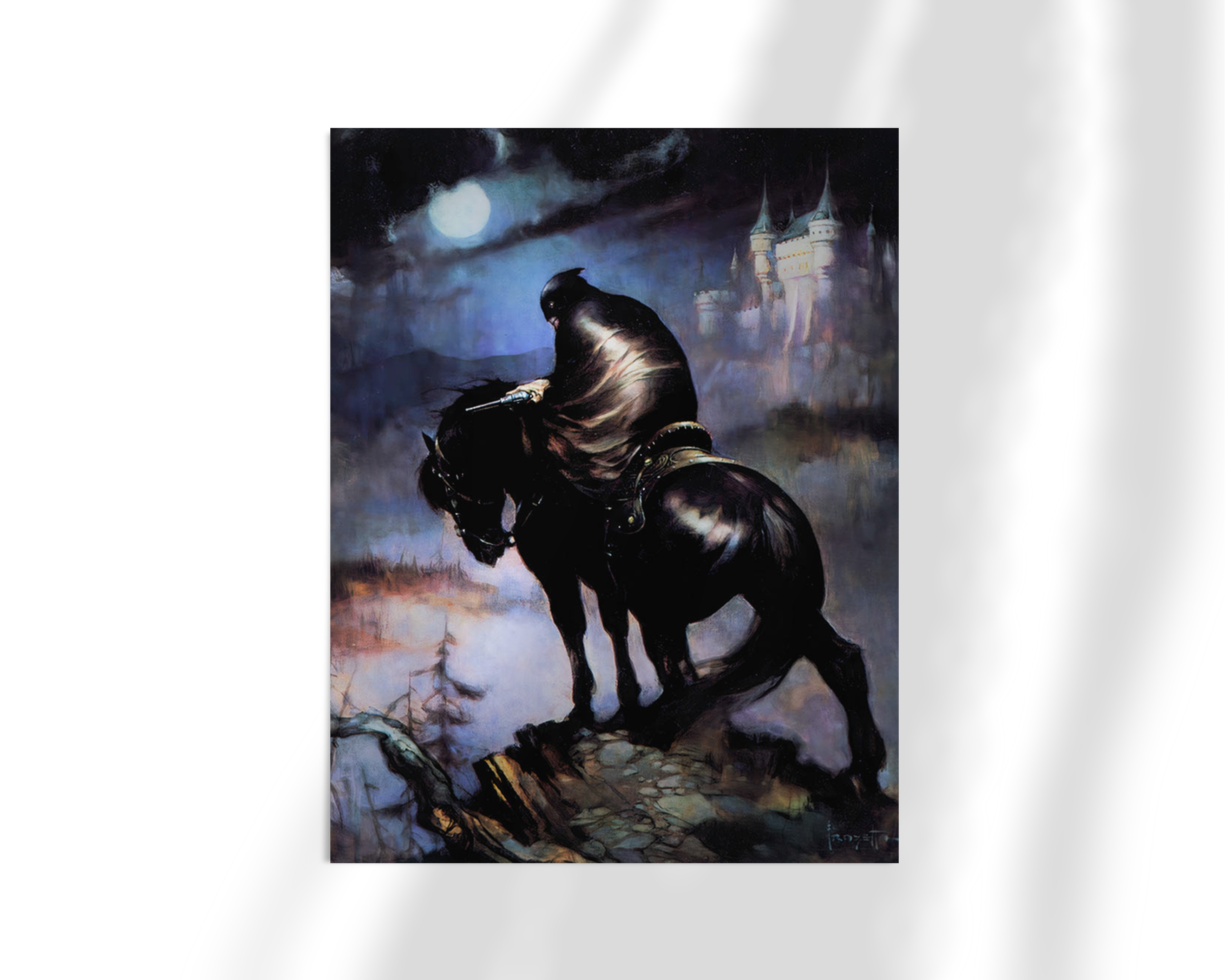 Unframed print of Frank Frazetta’s “The Rider,” showing a darkly atmospheric scene with a solitary rider on horseback, shrouded in mystery and shadow.
