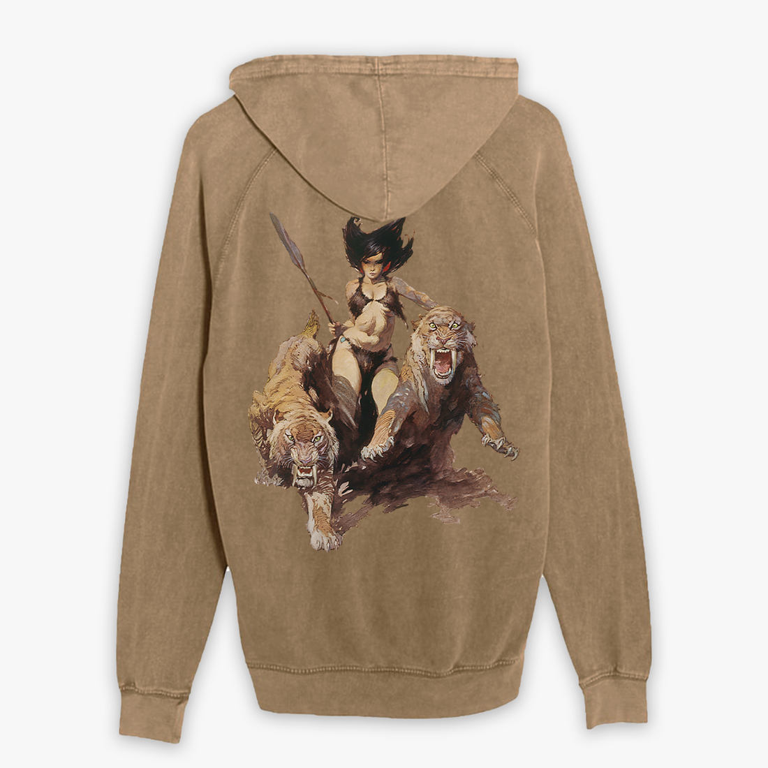 Back of The Huntress Hoodie – Frank Frazetta’s Iconic Fantasy Artwork on a Premium Tan Cotton Pullover